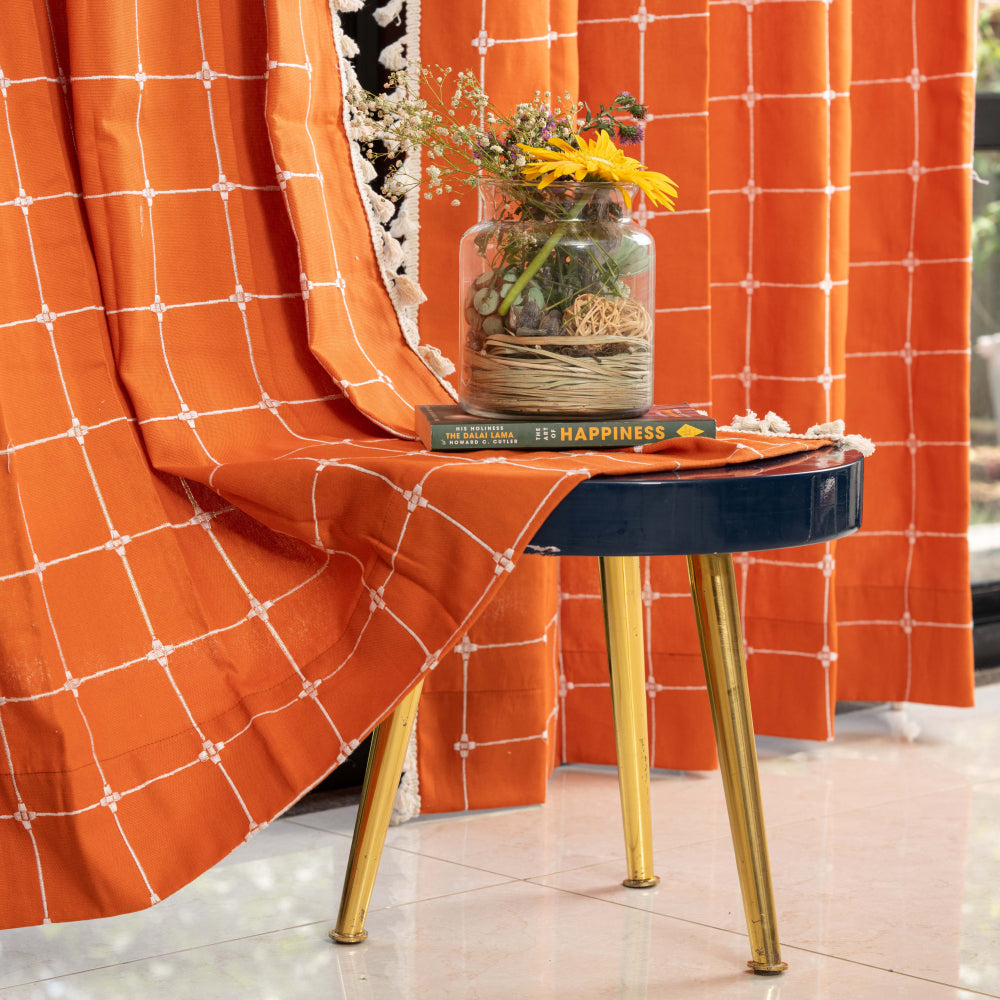 Premium 100 cotton – Urban Space -Home Furnishing Store Premium 100% Cotton Embroidery Curtain for Window & Door - Pack of 1 Curtain, Burnt Orange Checkers