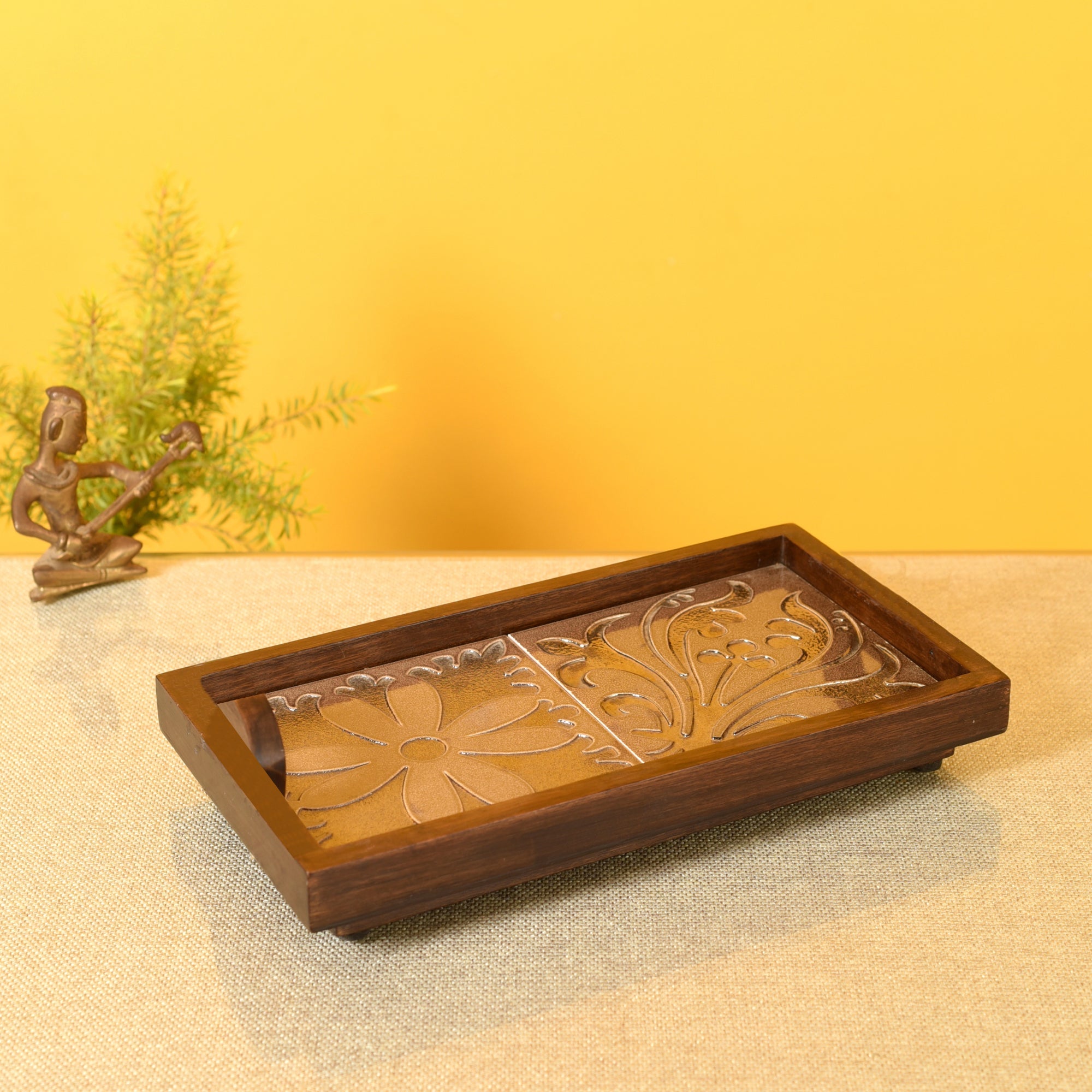 ART CREATIONS BY SUMAN SONTHALIA Brown - Mango Wood Handcrafted Floral Serenade Rectangular Tray (12 x 7.5 in)
