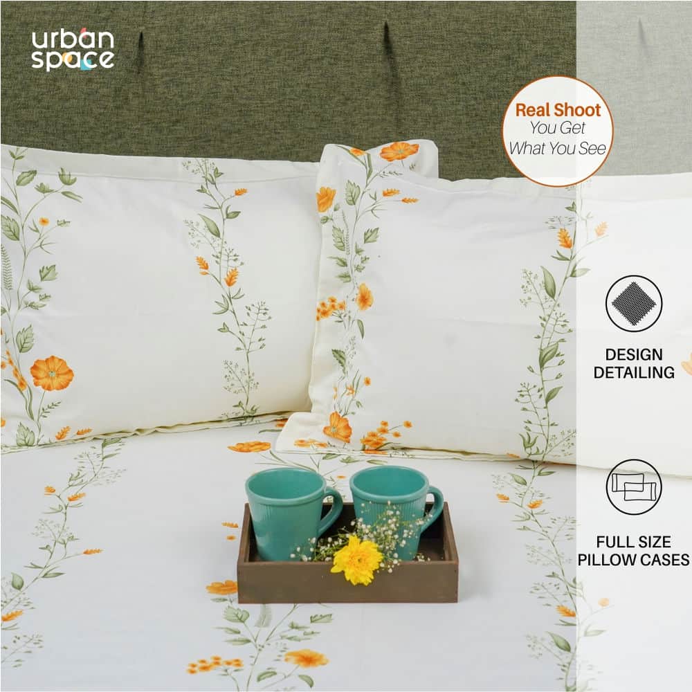 Urban Space -Home Furnishing Store Serene Collection - Breathable 200 TC 100% Pure Cotton Bedsheet with Pillow Cover, Veil Bloom- Yellow - view 3