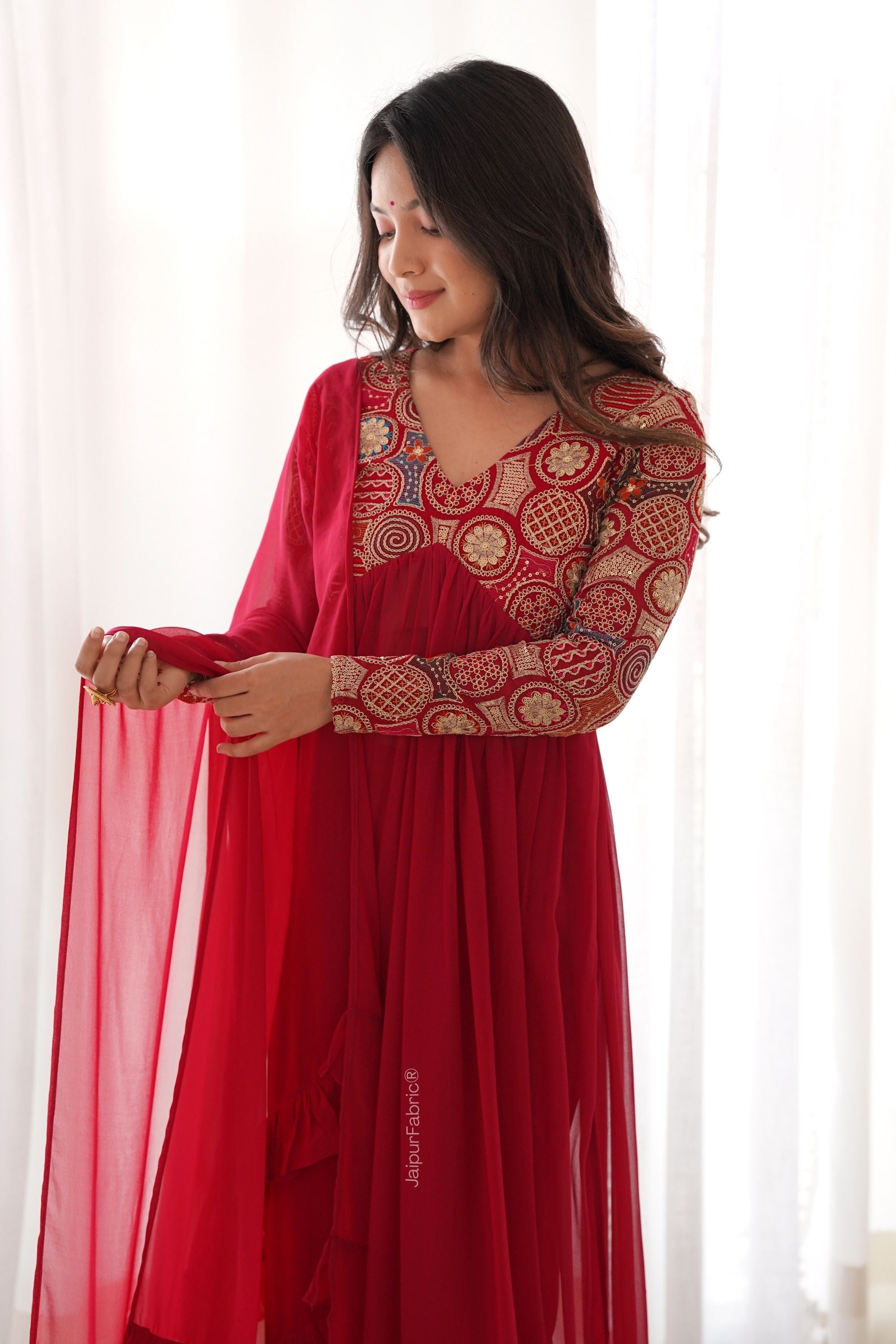 JaipurFabric® Red Embroidered Anarkali Suit Set