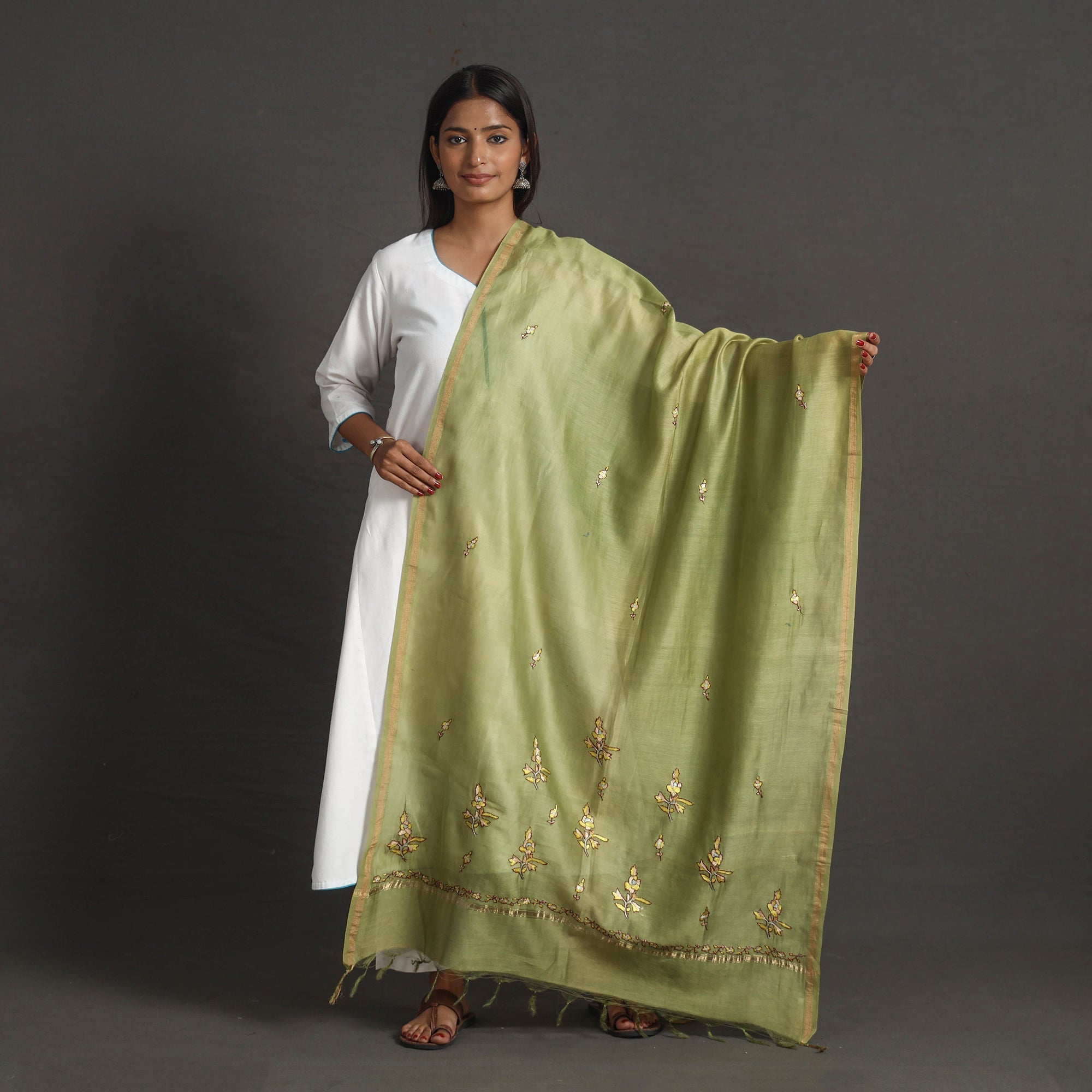 ITOKRI CRAFTS INITIATIVE Handloom Chanderi Silk Kashida Embroidery Dupatta 22