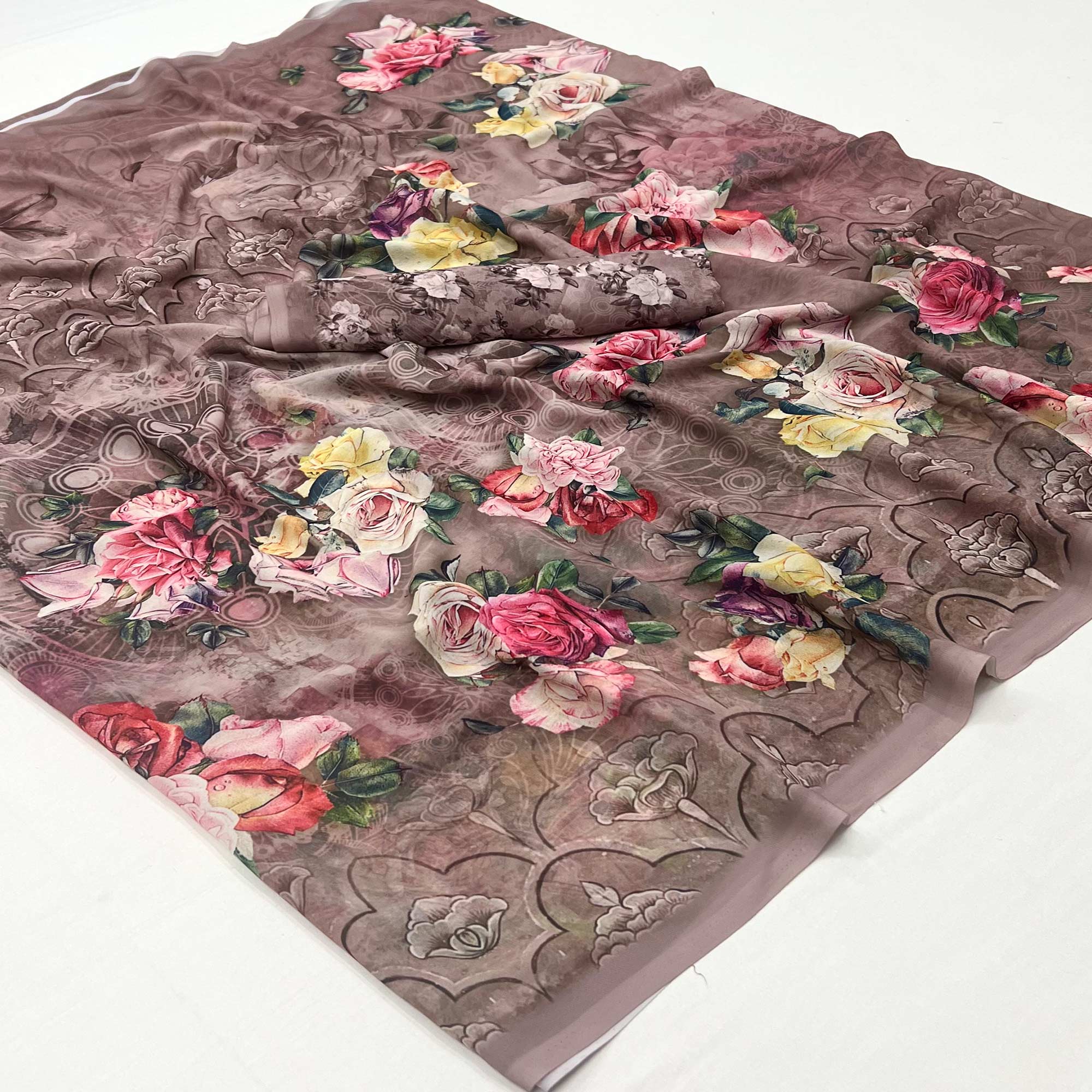 Peachmode Chikoo Digital Floral Printed Georgette Saree