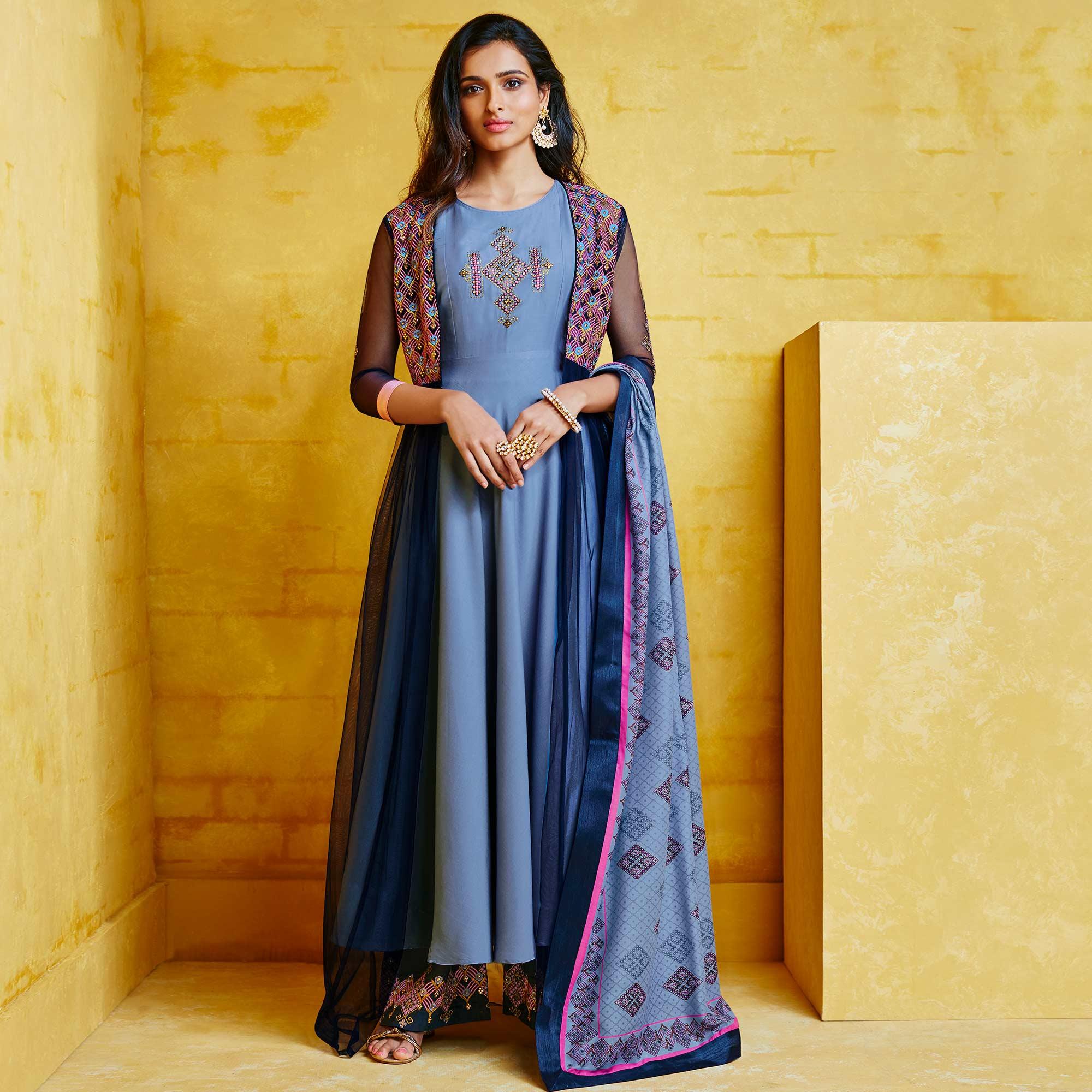 Peachmode Seller Imposing Blue Colored Partywear Embroidered Muslin Palazzo Suit