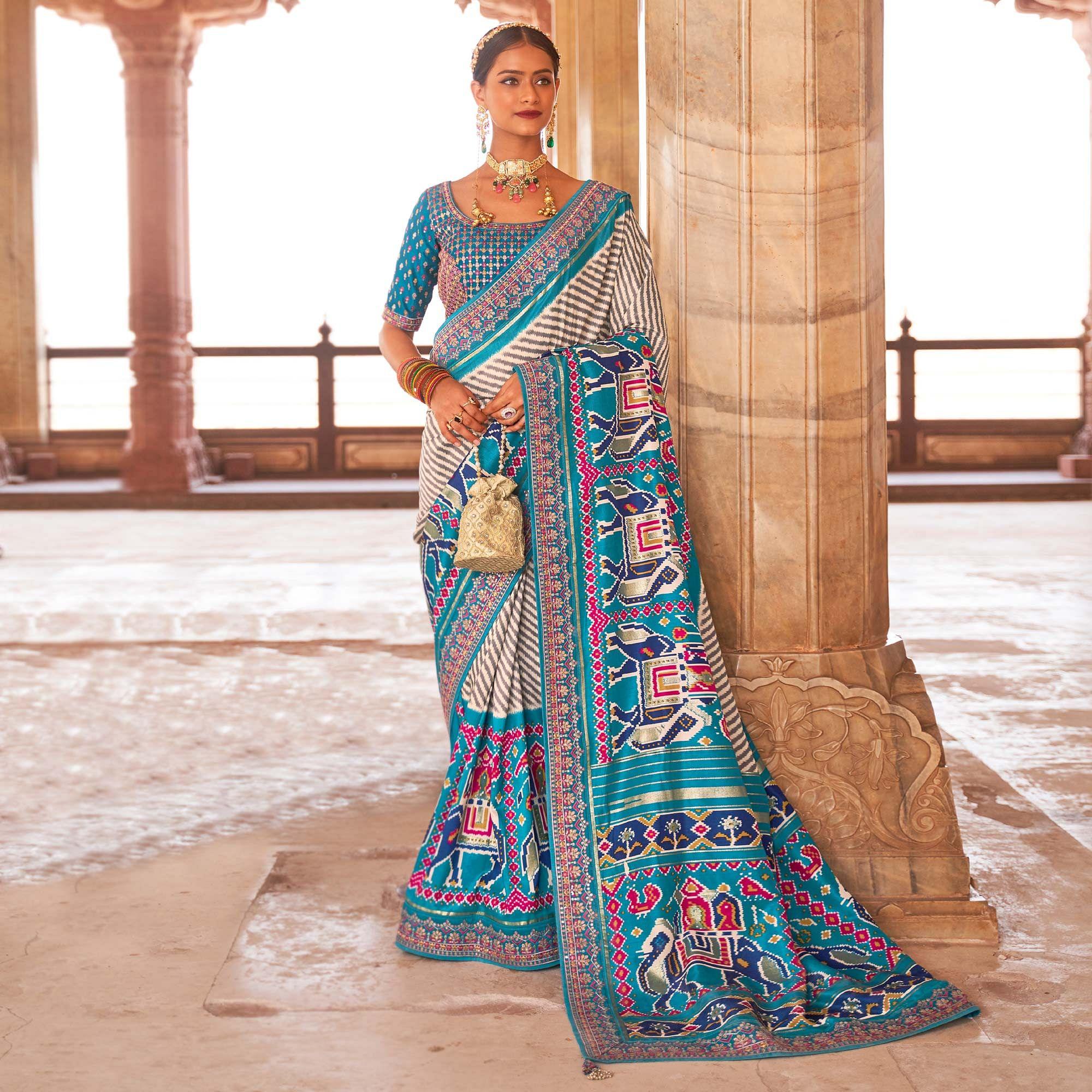 Peachmode Light Blue & Off White Patola Printed-Sequins Embroidered Pure Silk Saree