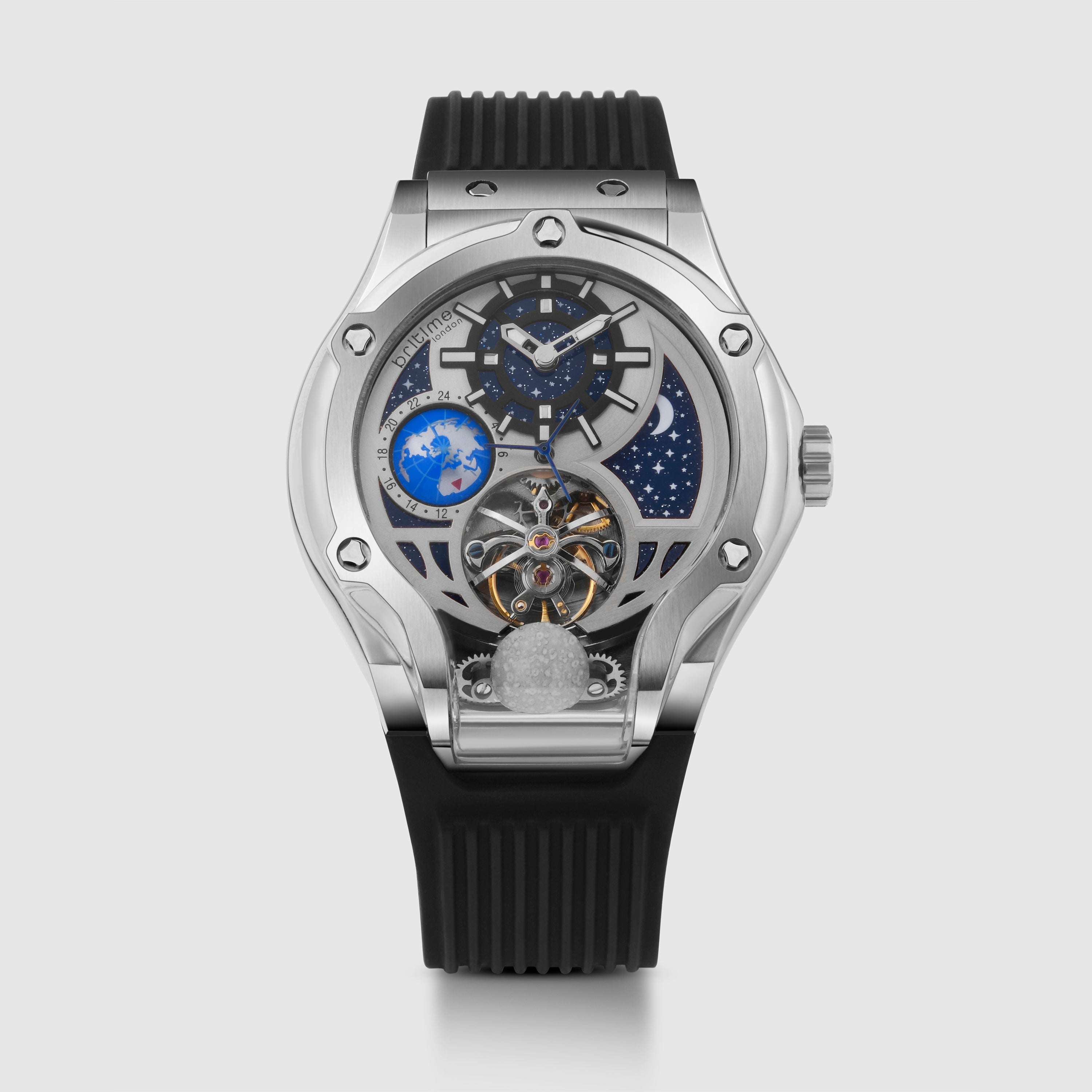 Britime Asteroid Men Automatic Silver Dial Multi-Function Silicone Watch 777-P10306