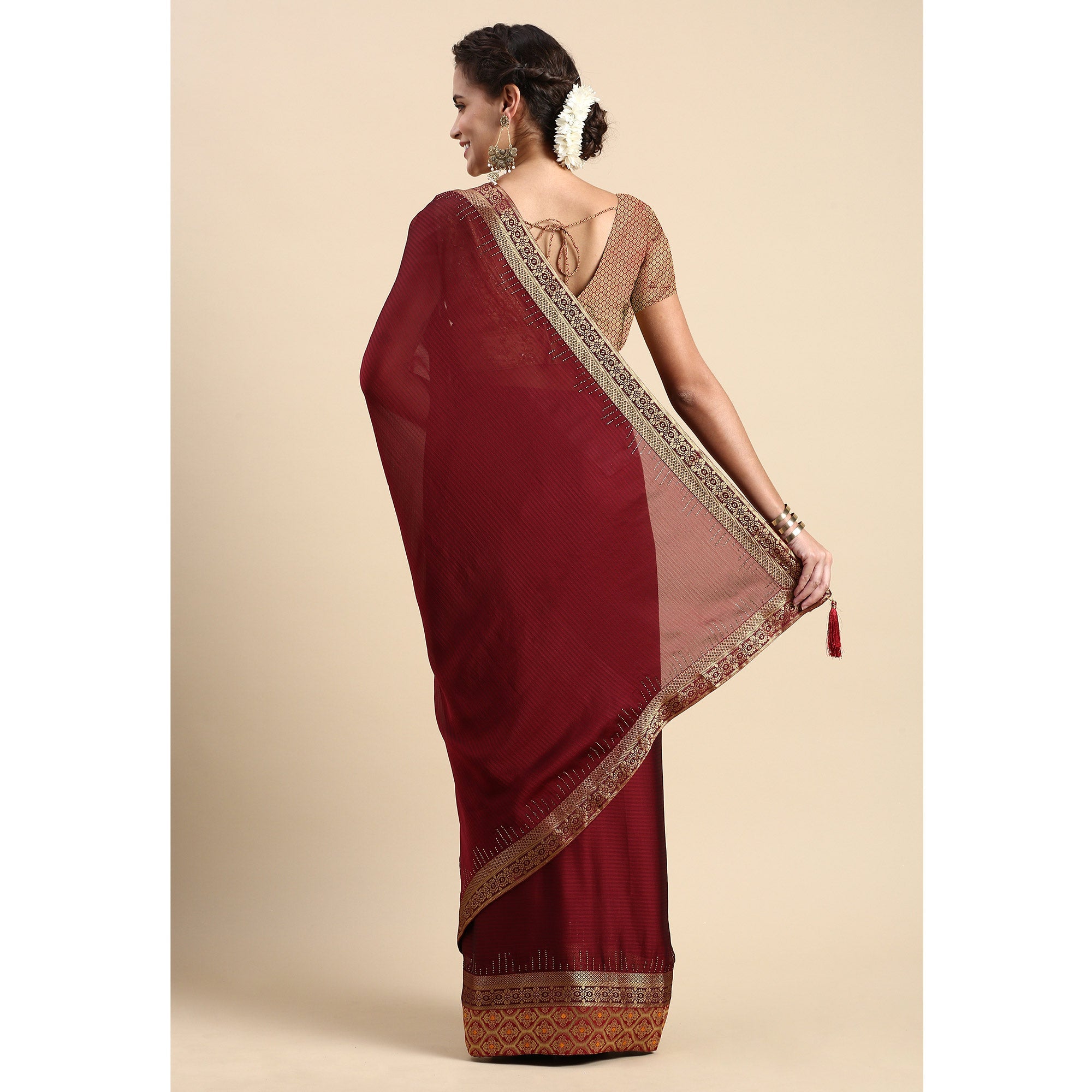 Peachmode Maroon Swaroski Work With Woven Border Satin Saree - view 4