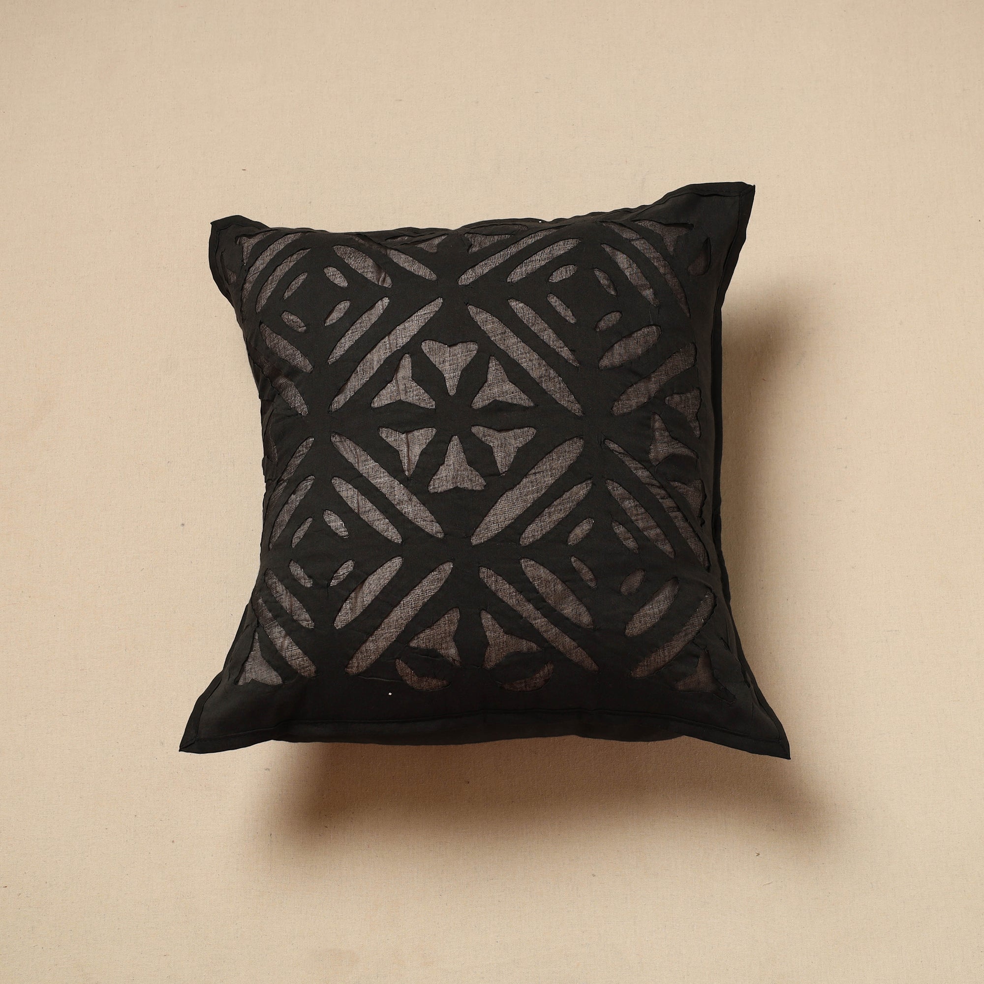 SHADES OF MARUDHARA Black - Cut Work Cotton Applique Cushion Cover (16 x 16 in) 05