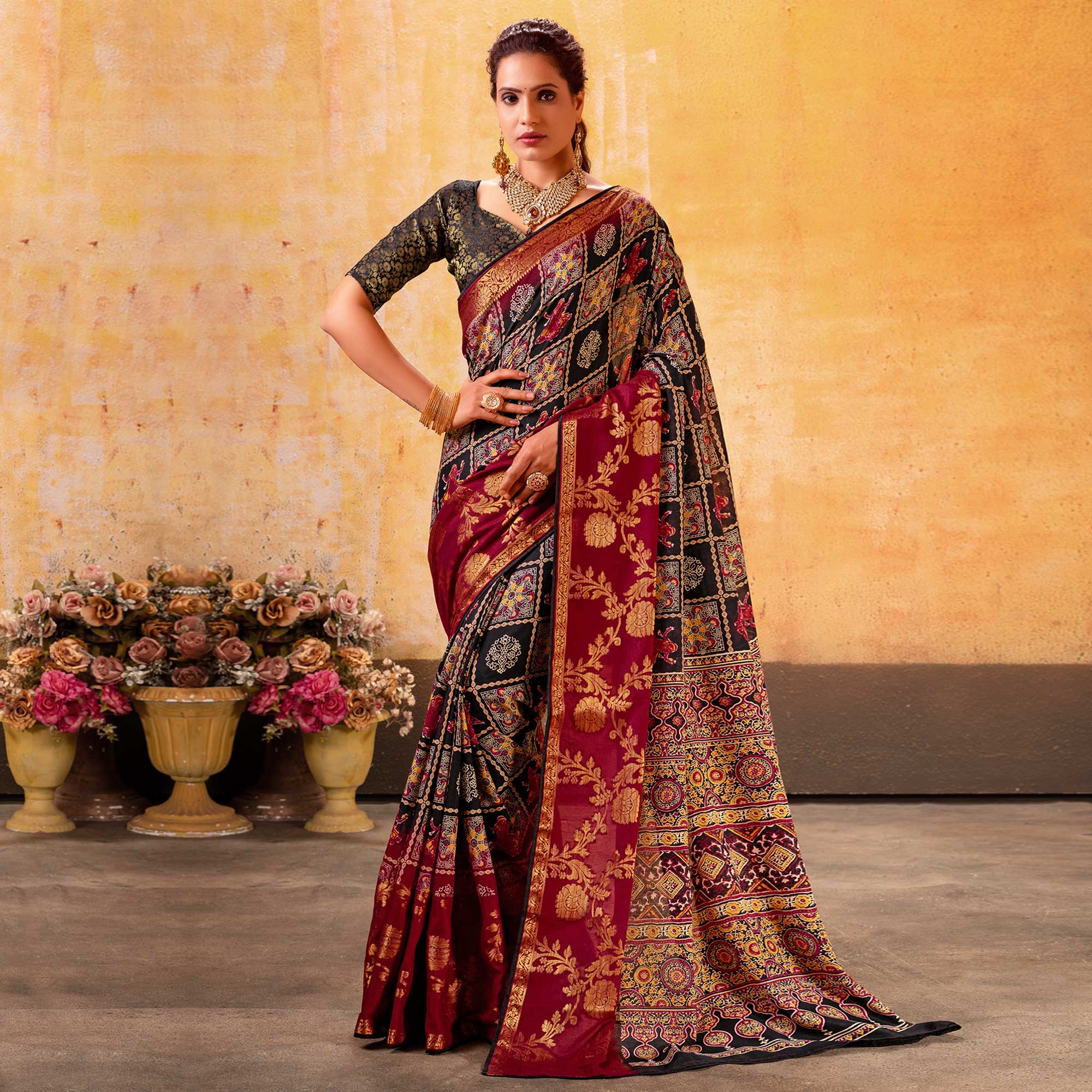 Peachmode Black Patola Printed Jacquard Saree - view 2