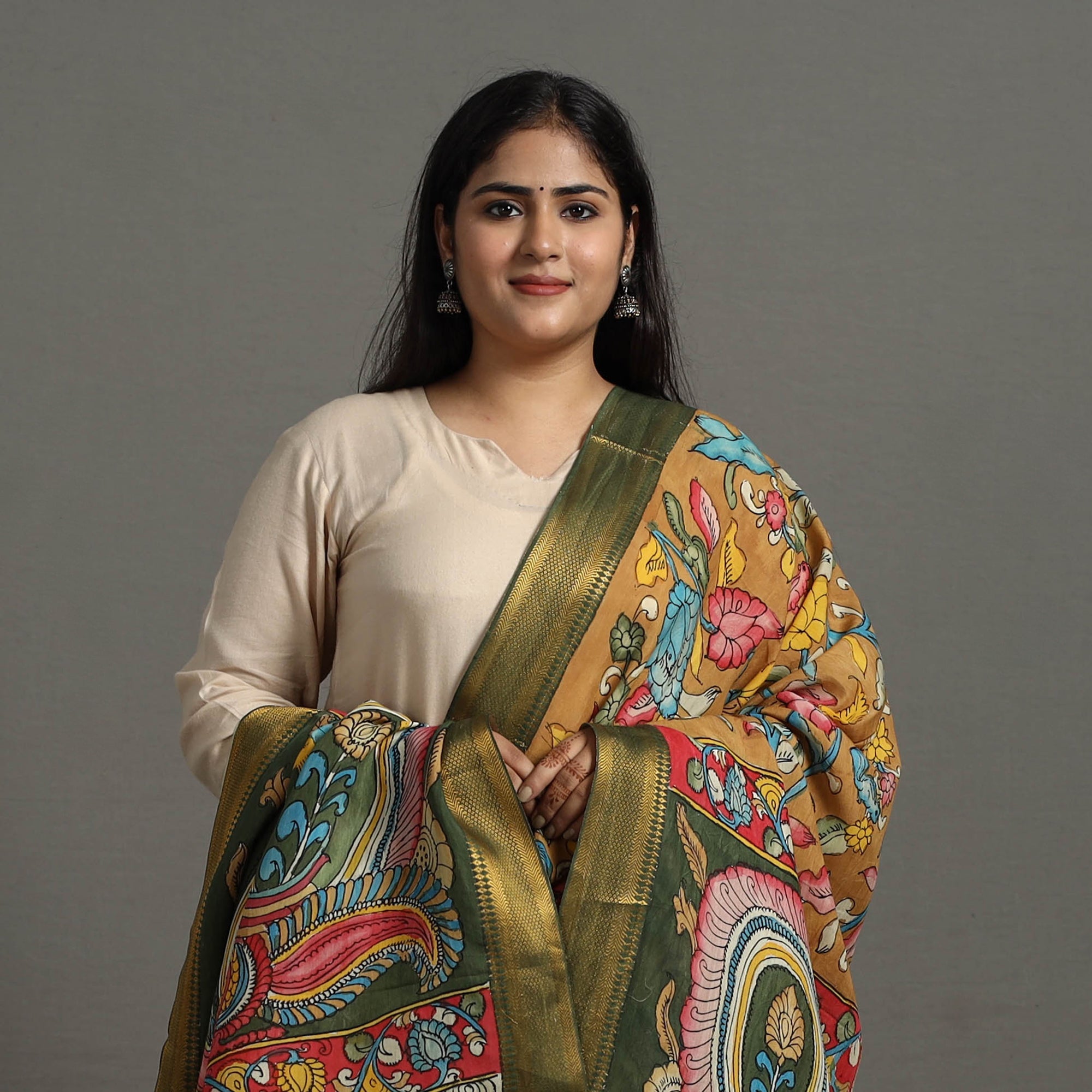 SOUTH KARGHA Brown - Chanderi Silk Srikalahasti Handpainted Pen Kalamkari Dupatta 73 - view 3