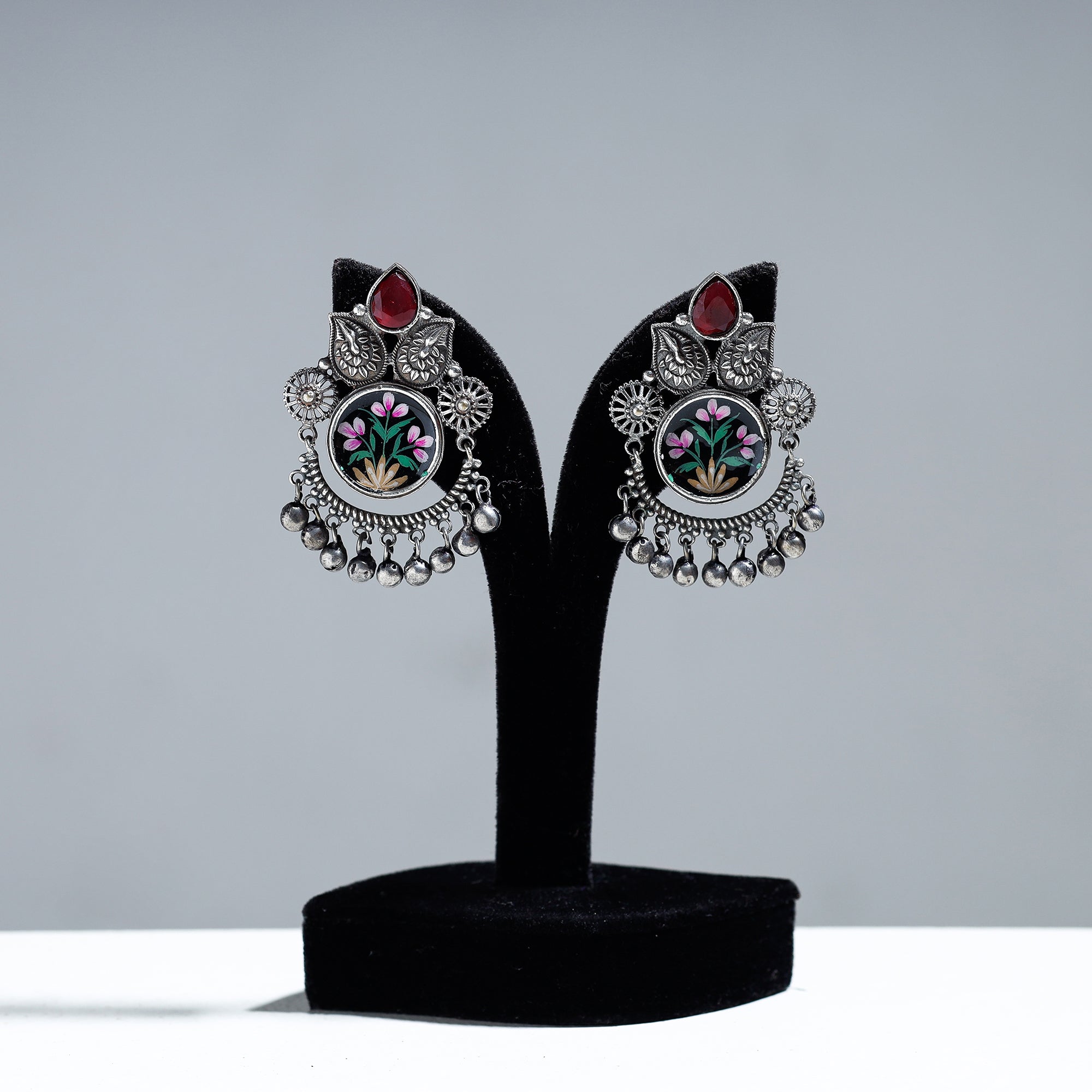 WHITE RIVER STORIES Antique Silver Finish Oxidised Brass Base Enamel & Stone Work Earrings