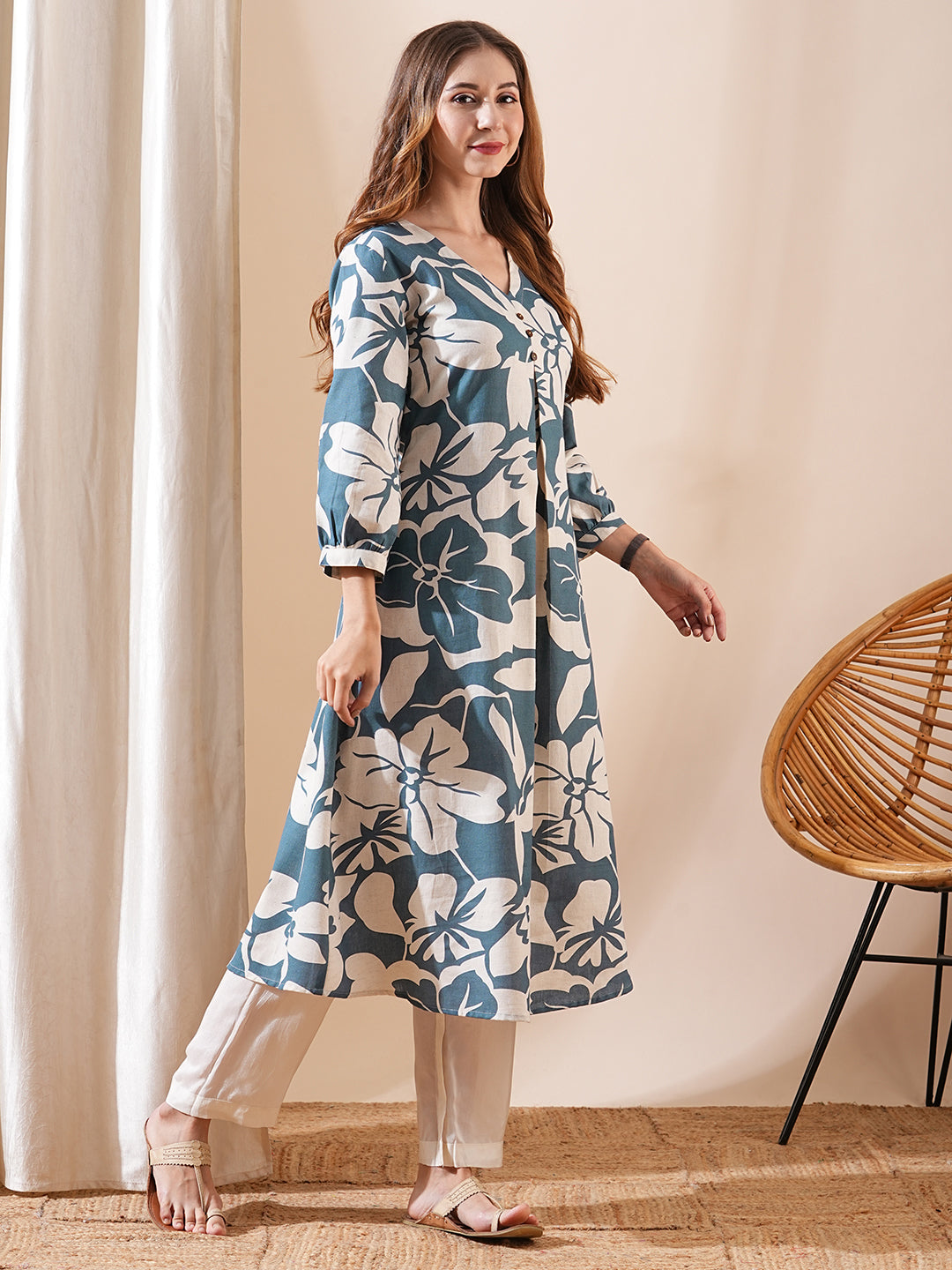 Fashor Abstract Printed A-Line Flared Kurta - Teal Blue - view 5