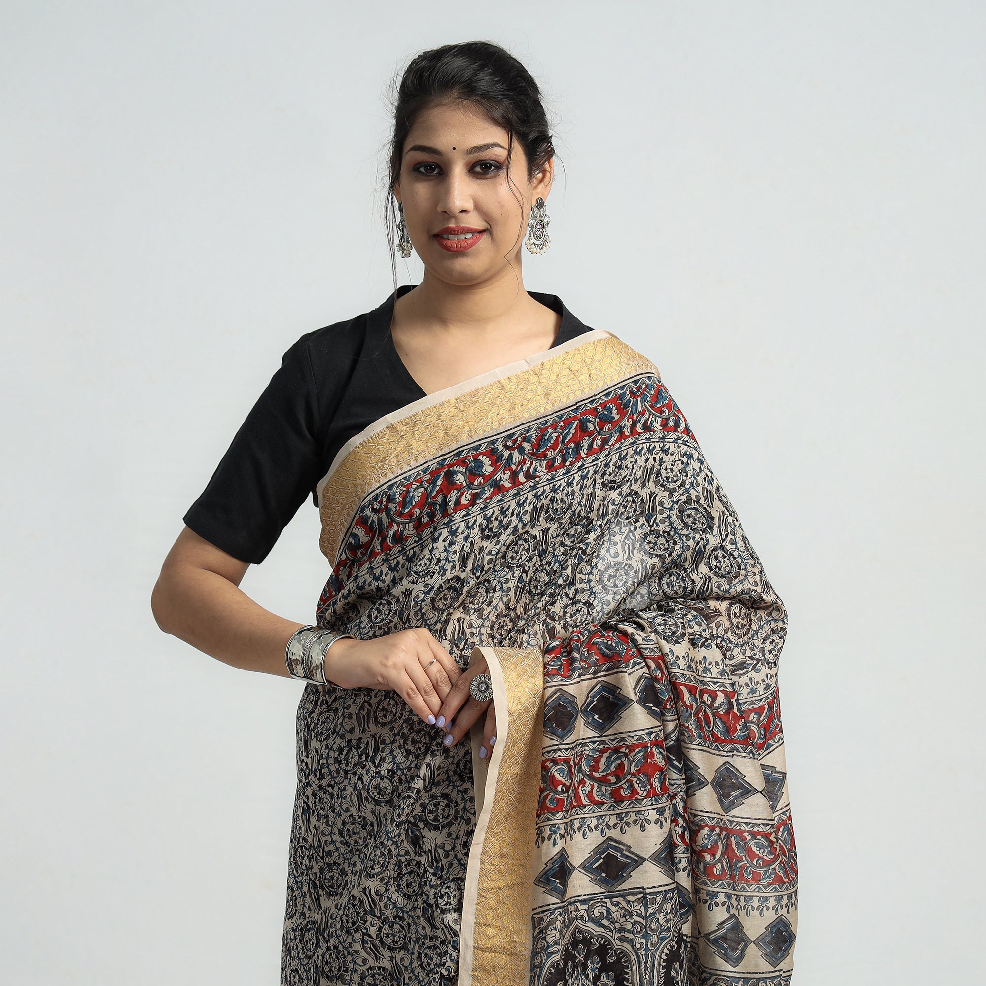 VENKATA BHANU KALAMKARI PEDANA Black - Original Pedana Kalamkari Block Print Silk Saree - view 3