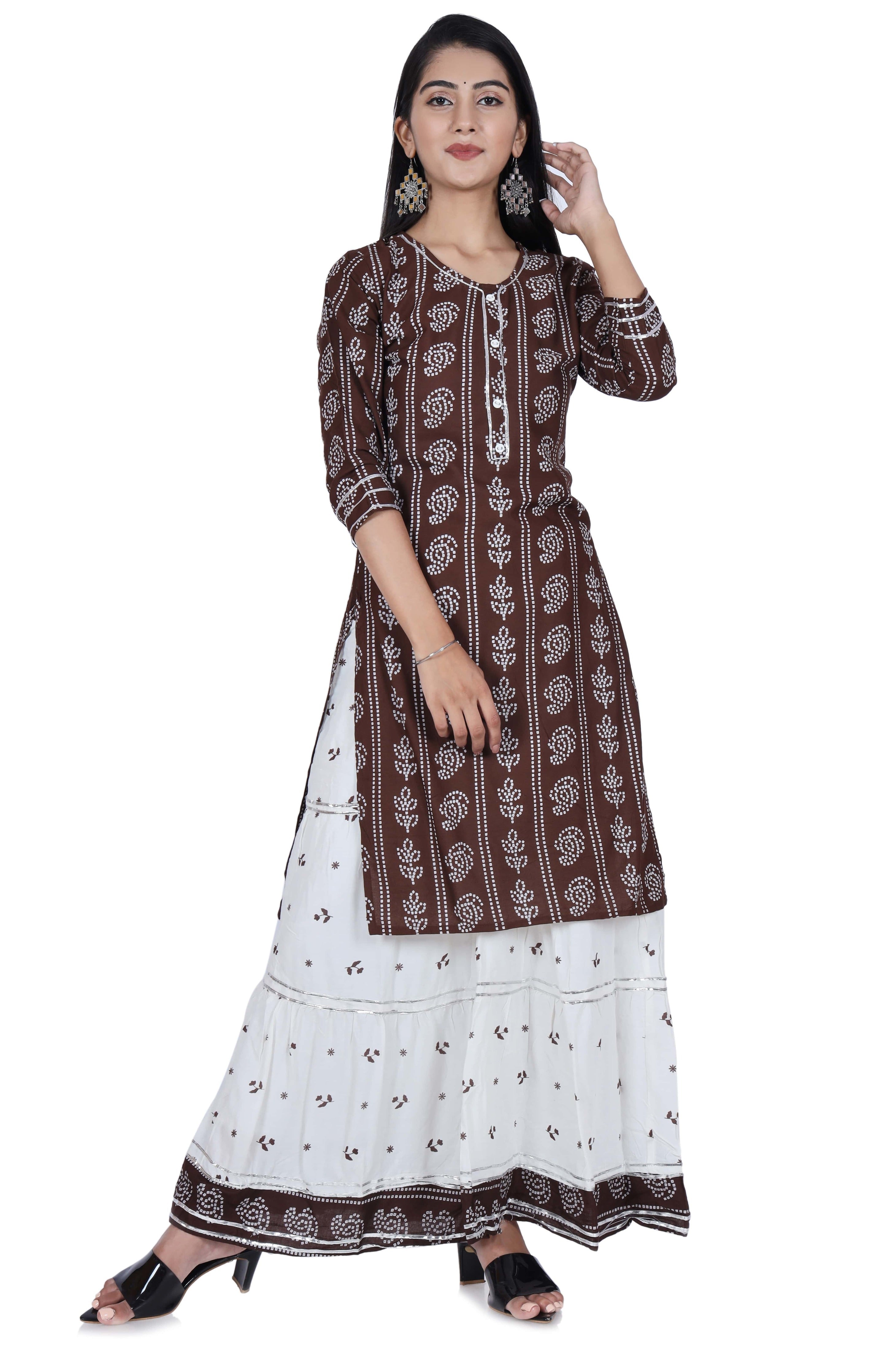 Fab Alchemy Brown Printed Cotton Kurta and Skirt Set