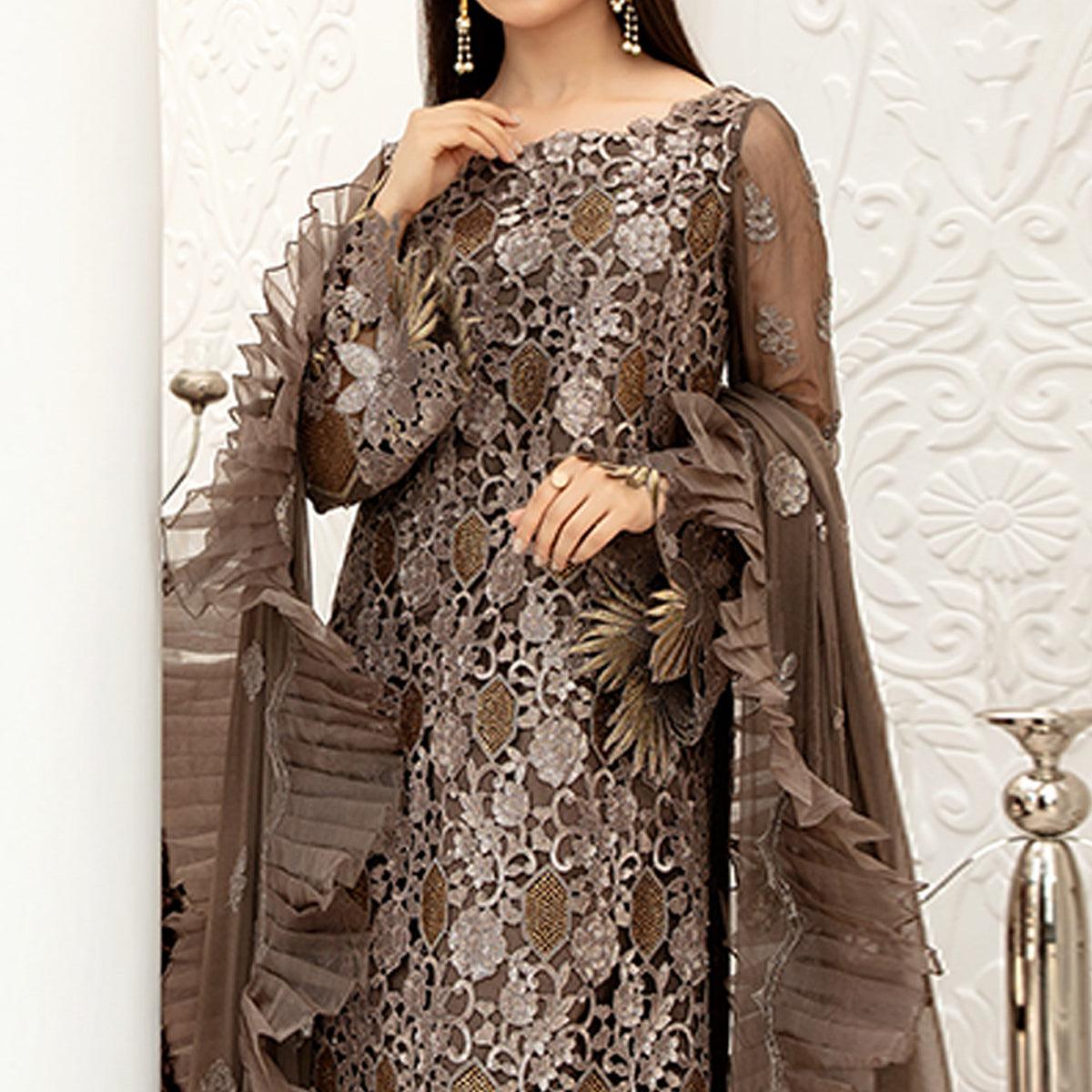Peachmode Brown Embellished With Embroidered Net Pakistani Suit - view 3