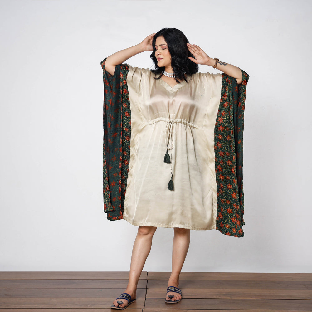 ITOKRI CASUALS Beige - Modal Silk Ajrakh Printed Kaftan Dress (Medium) - view 3