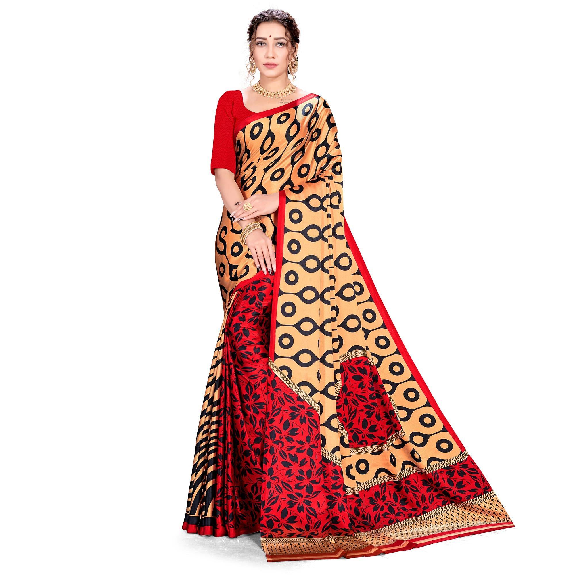 Peachmode Imposing Red-Cream Colored Festive Wear Printed Satin Crepe Saree