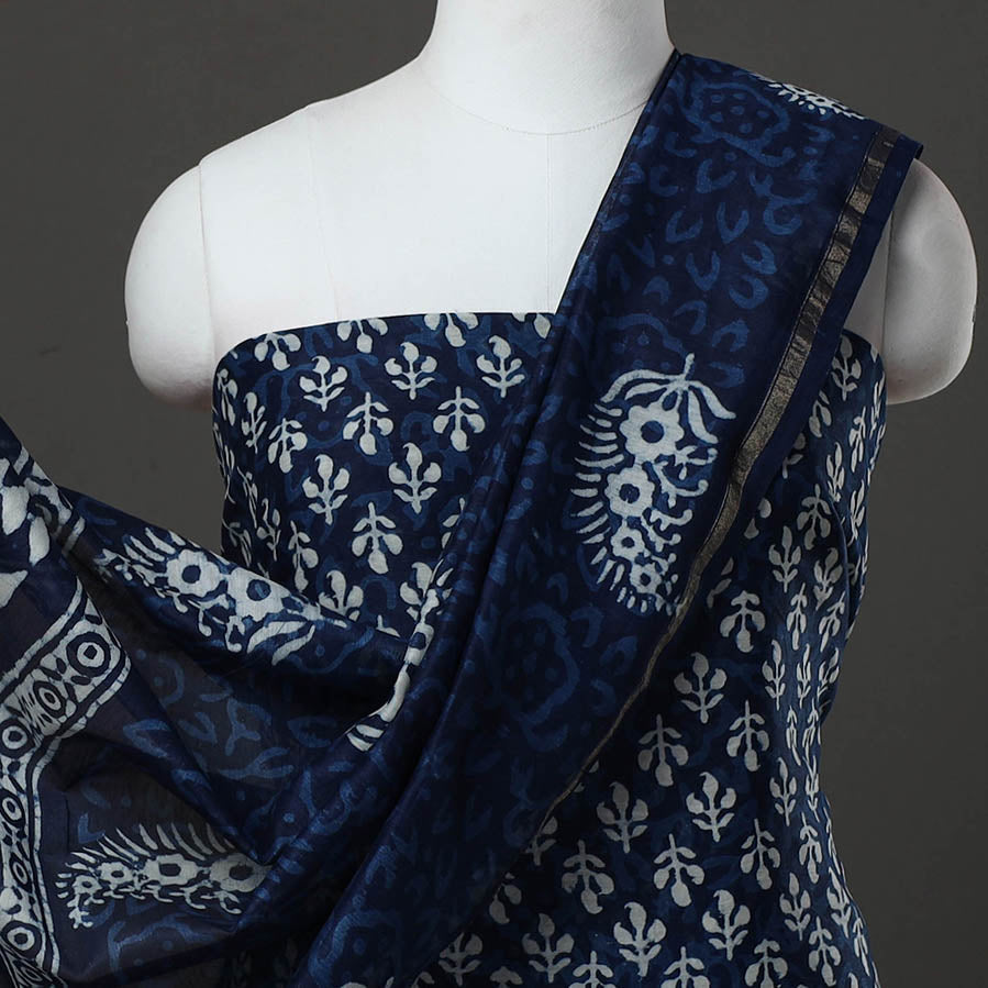 HAVELI CHRONICLES Blue - 3pc Chanderi Silk Bagru Print Dress Material 03 - view 3