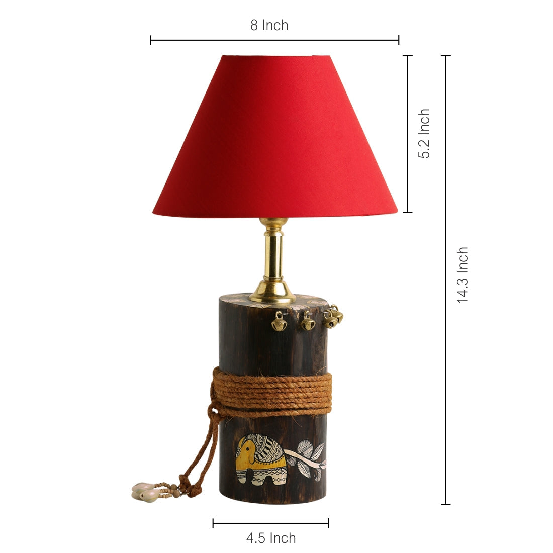 EXCLUSIVELANE 'The Red-Shade Log' Madhubani Handpainted Table Lamp In Wood - view 4