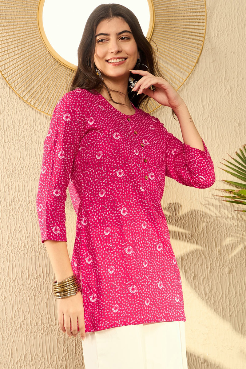 Ahika Pink Cotton Blend Bandhani Printed Regular Tunic VT1289 - view 7