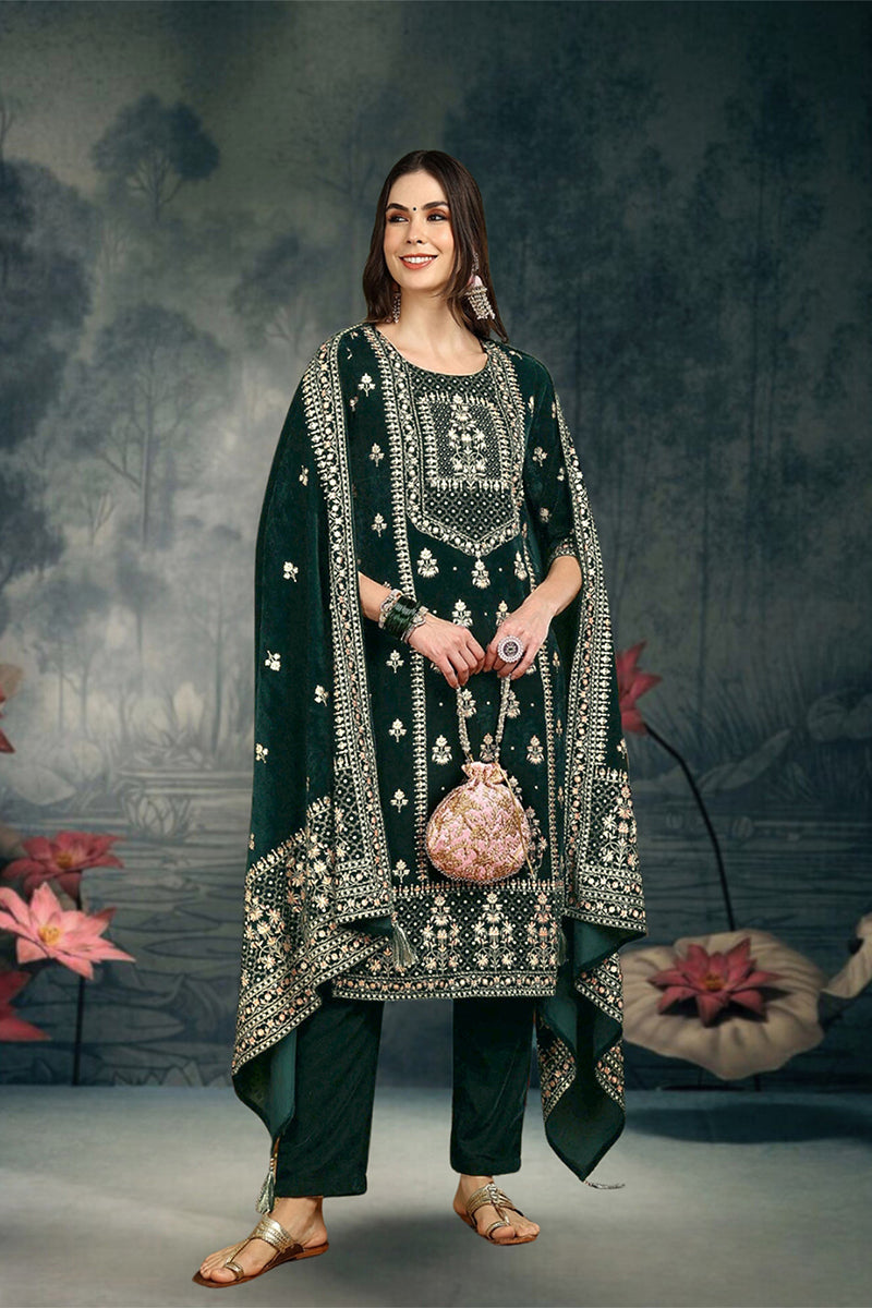 Ahika Green Velvet Ethnic Motifs Printed Straight Suit Set PKSKD2772