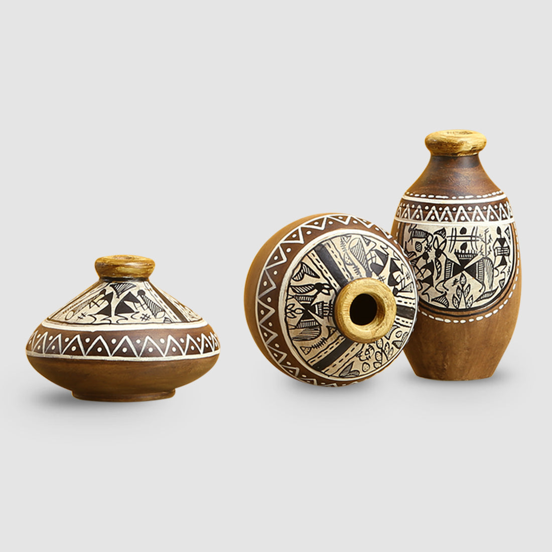 EXCLUSIVELANE 'Three Little Terracotta Pots Showpieces' with Warli Handpainted In Natural Mud Brown (Set Of 3) - view 2