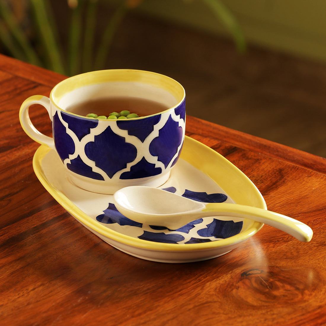 EXCLUSIVELANE Blue - 'Soup with a view' Handpainted Soup Bowl With Spoon and Tray In Ceramic