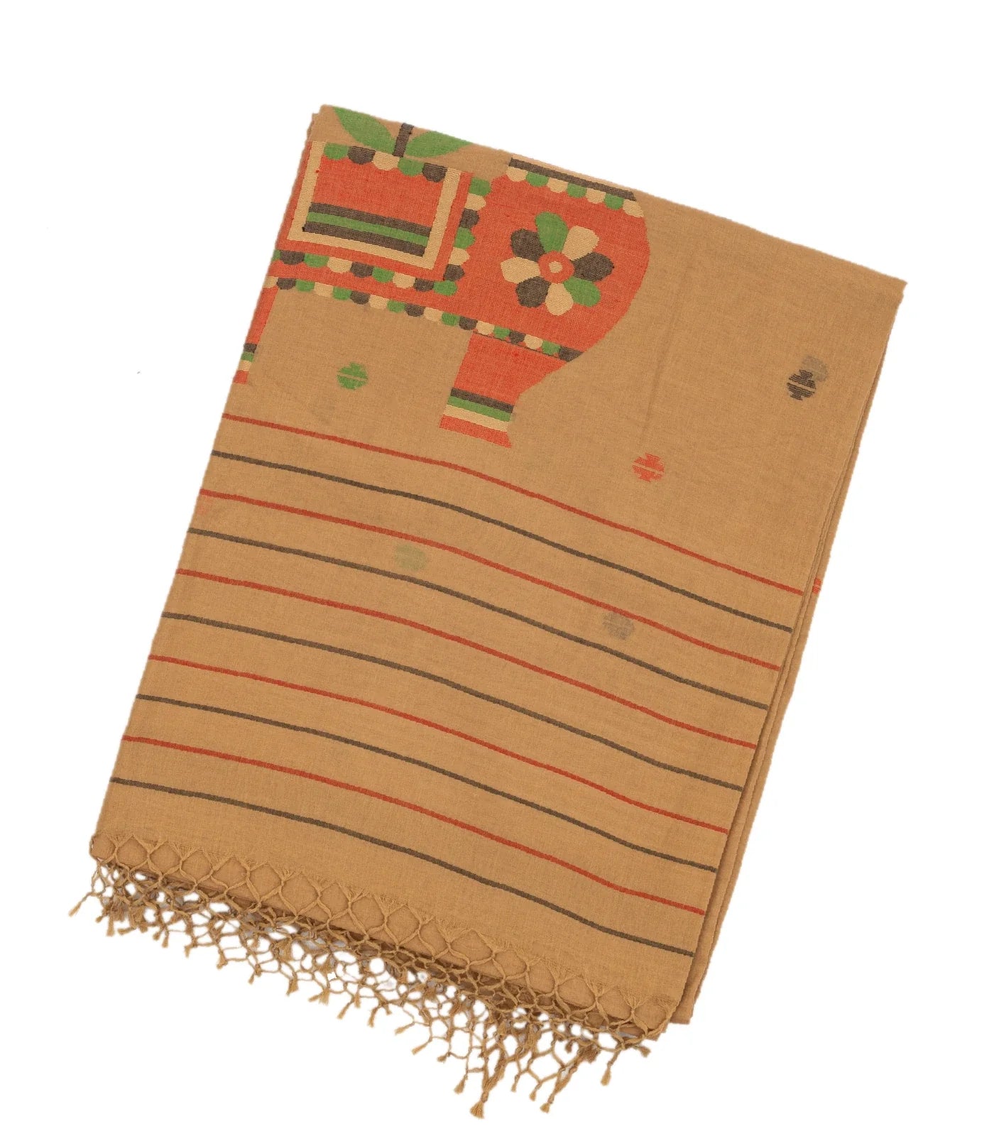 RmKV Beige Handloom Bengal Cotton Saree With Horse Motifs