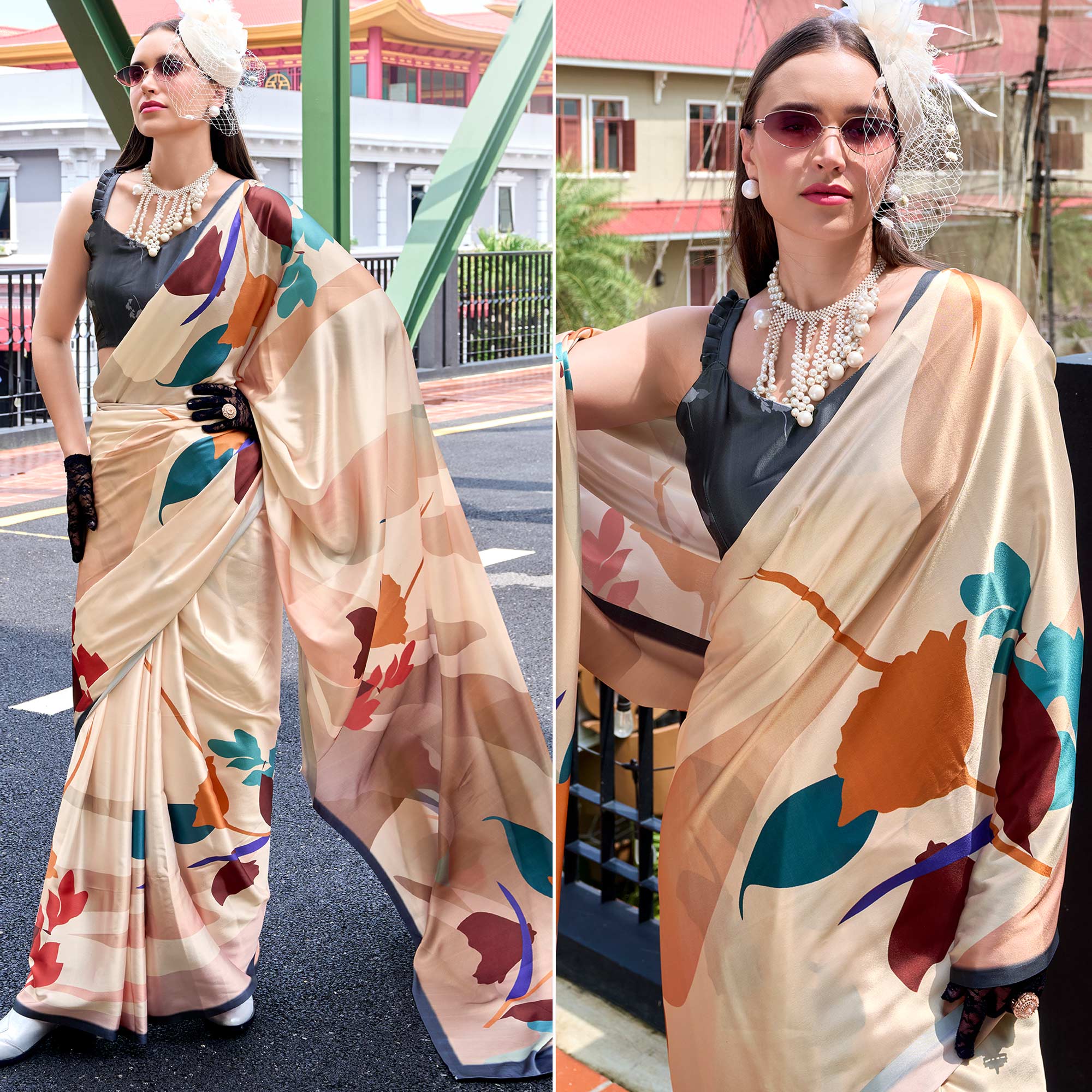 Peachmode Cream Floral Digital Printed Pure Satin Saree