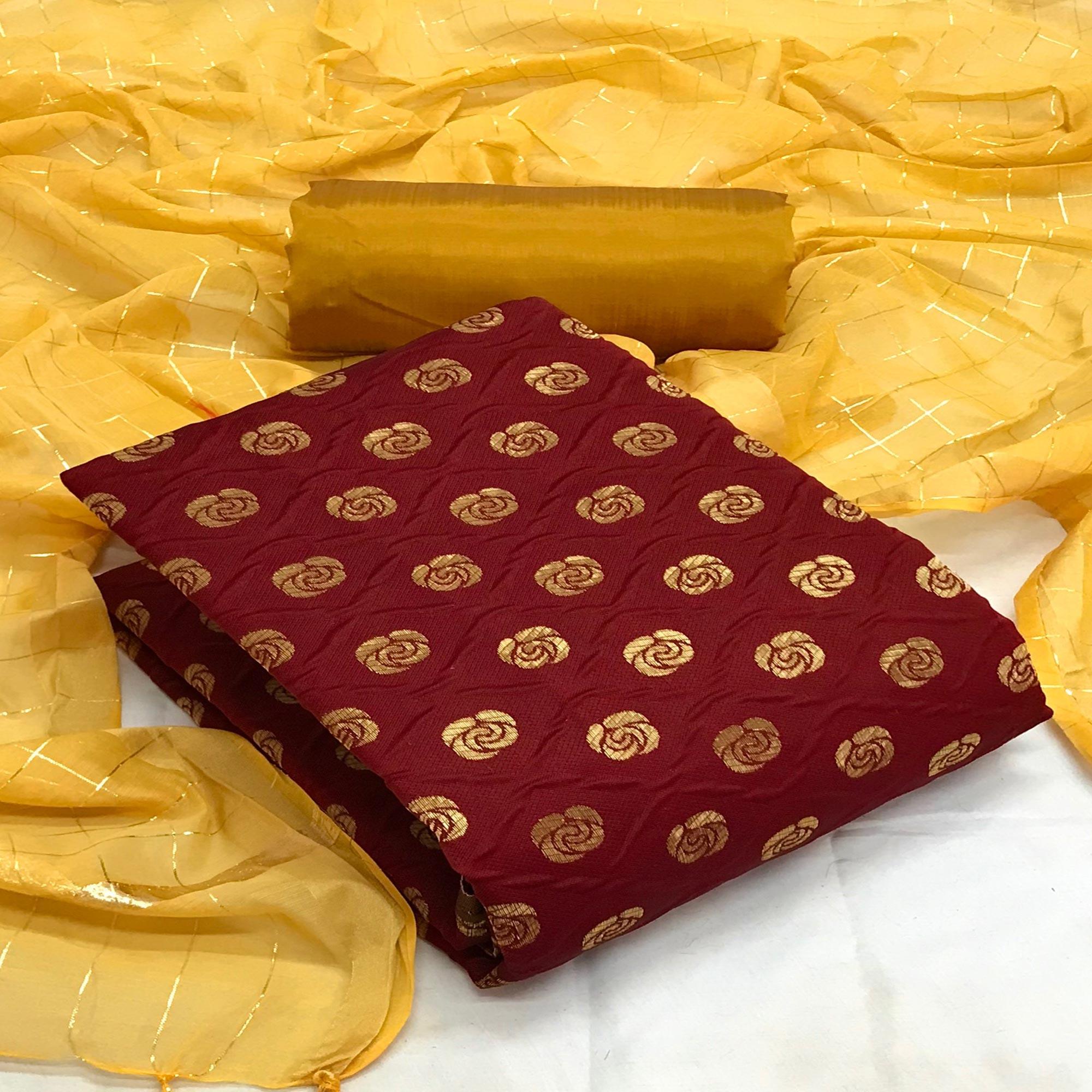 Peachmode Maroon Casual Wear Printed Banarasi Silk Dress Material