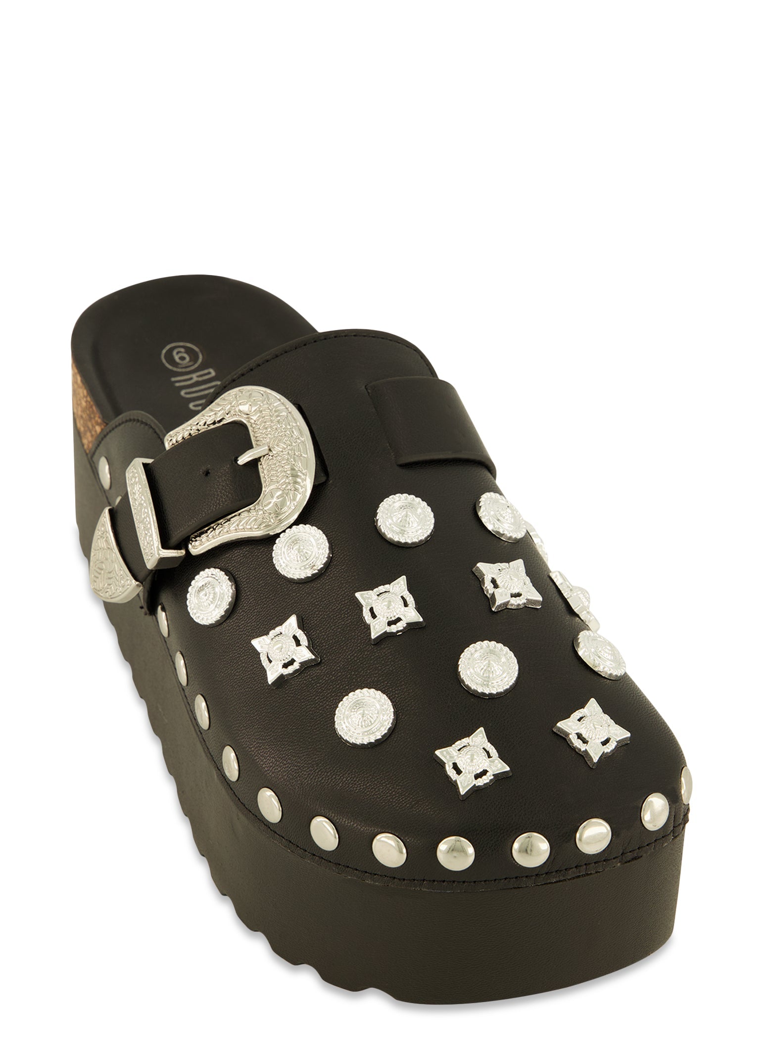 Rainbow Shops Studded Charm Buckle Round Toe Platform Clogs