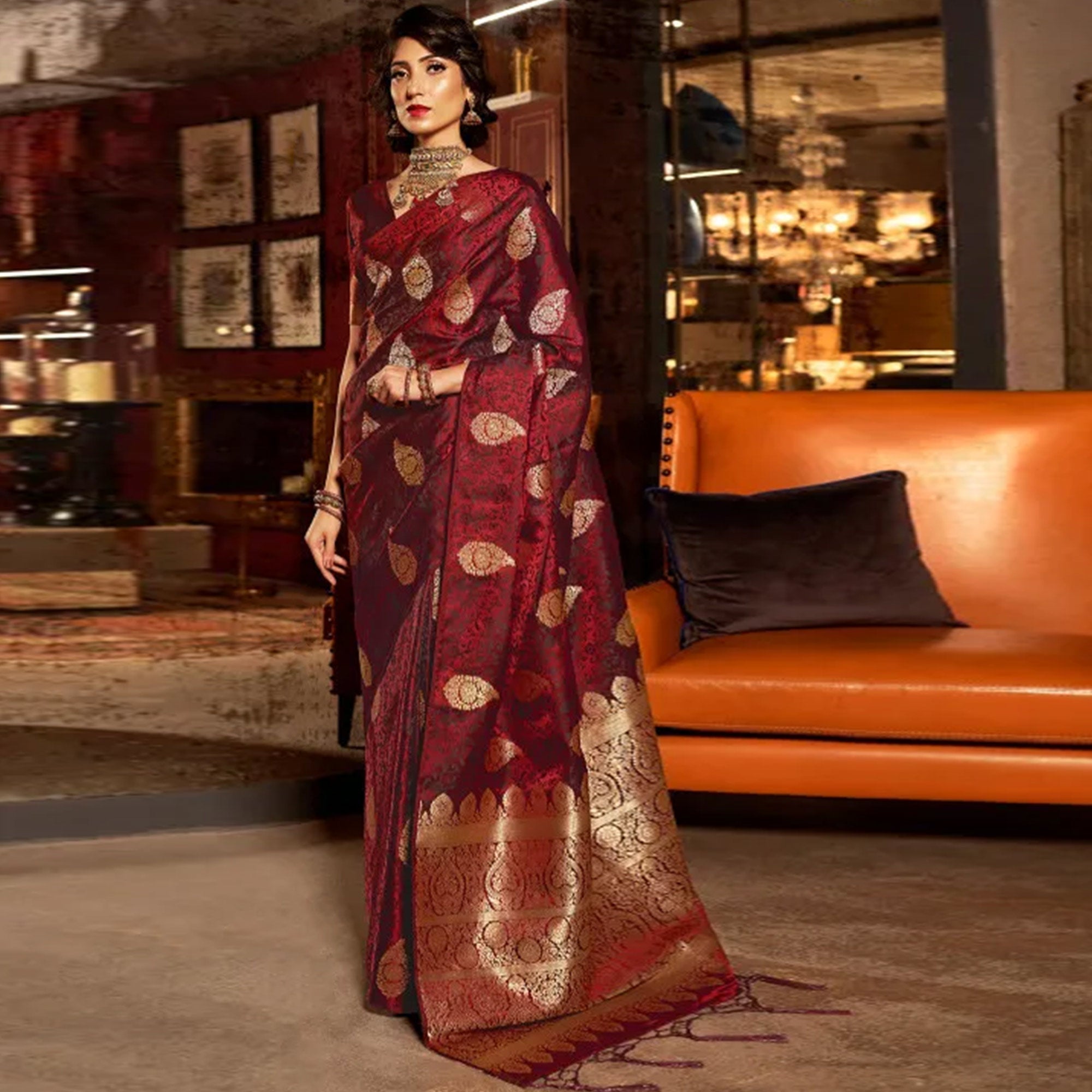 Peachmaode Maroon Woven Satin Silk Saree – Women's