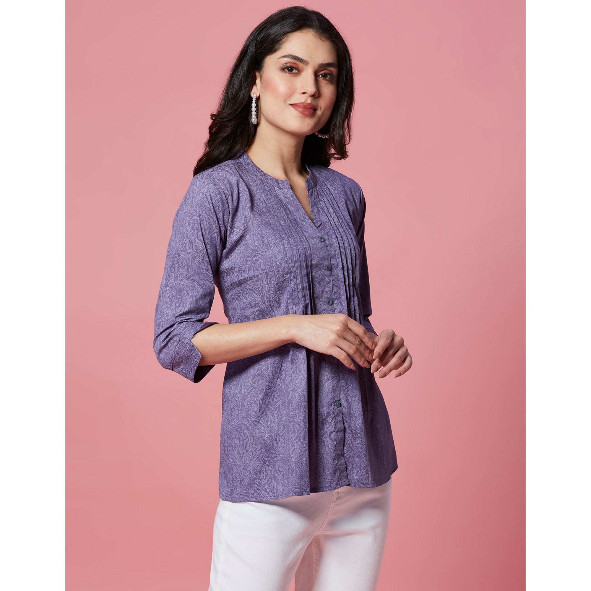 Peachmode Dark Purple Printed Pure Cotton A-Line Top - view 5