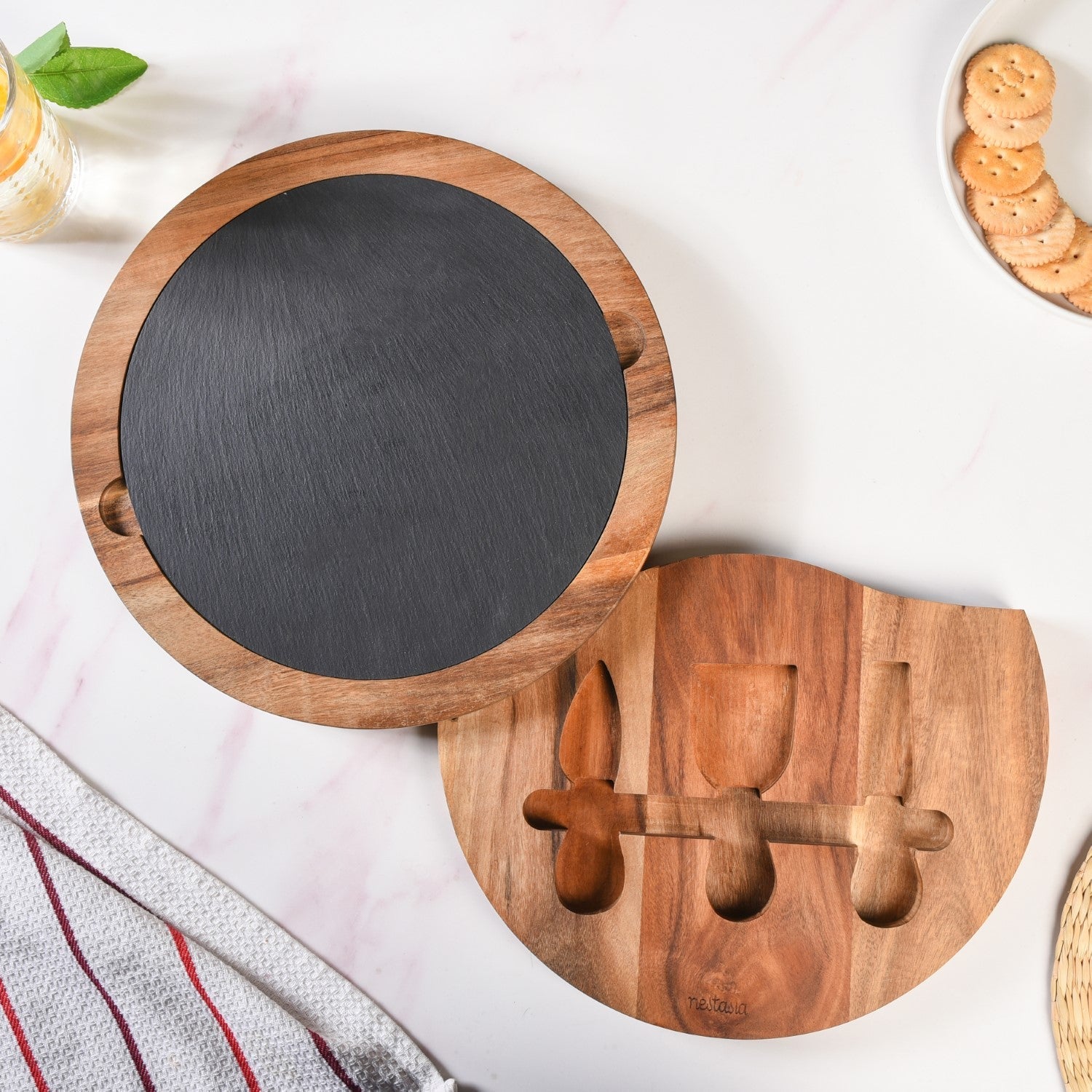 Nestasia Round Wooden Charcuterie Board With Cheese Knives - view 7