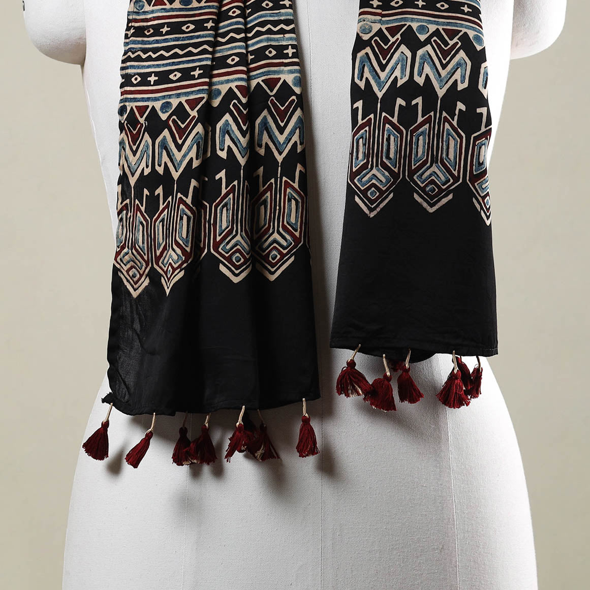 RIYAZ ABDULMAJID KHATRI - AJRAKH Black - Ajrakh Hand Block Printed Modal Silk Stole with Tassels - view 3