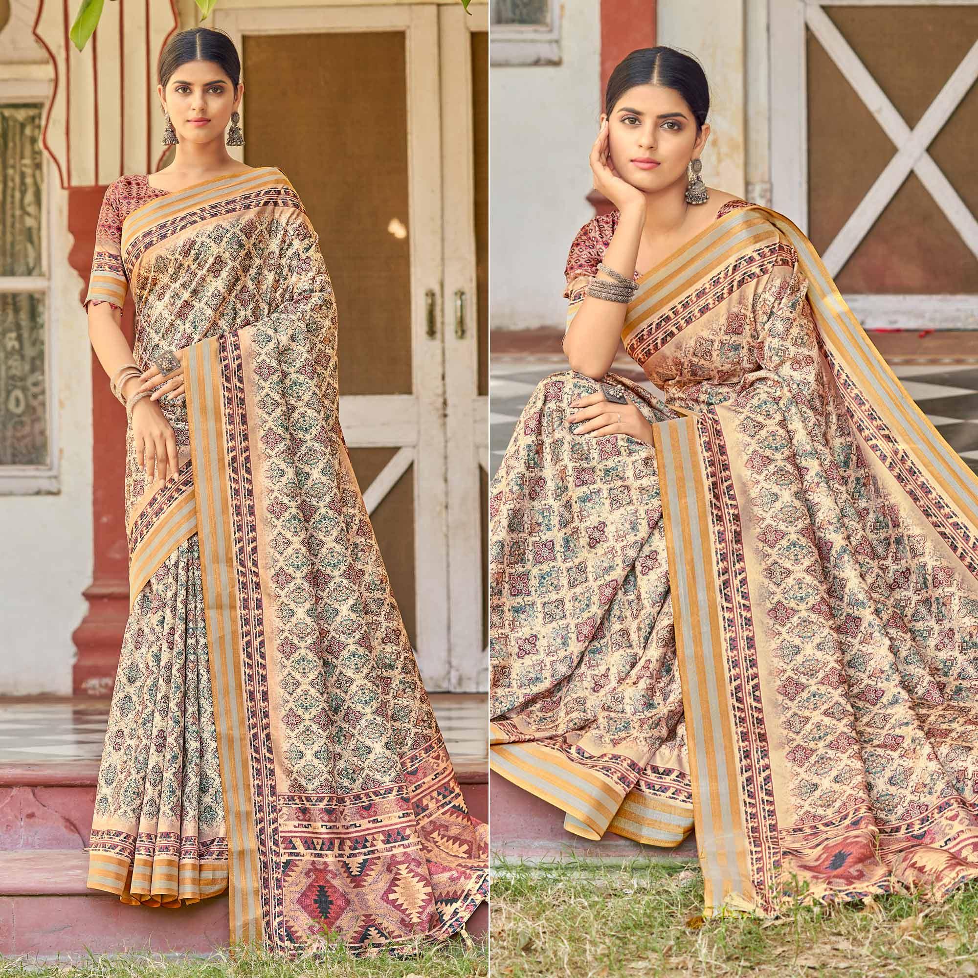 Peachmode Cream Digital Printed Art Silk Saree