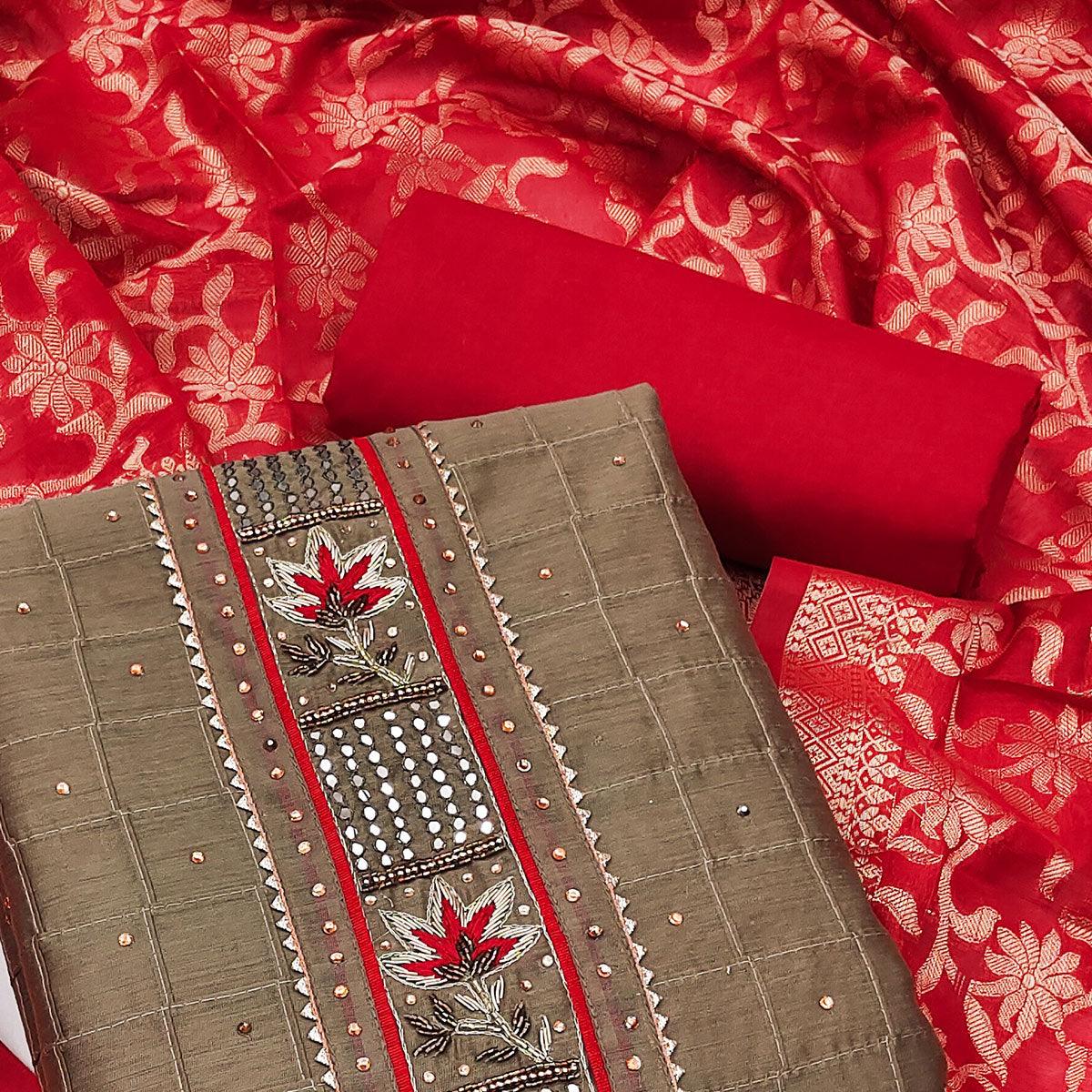 Peachmode Brown Festive Wear Embellished Chanderi Dress Material - view 2