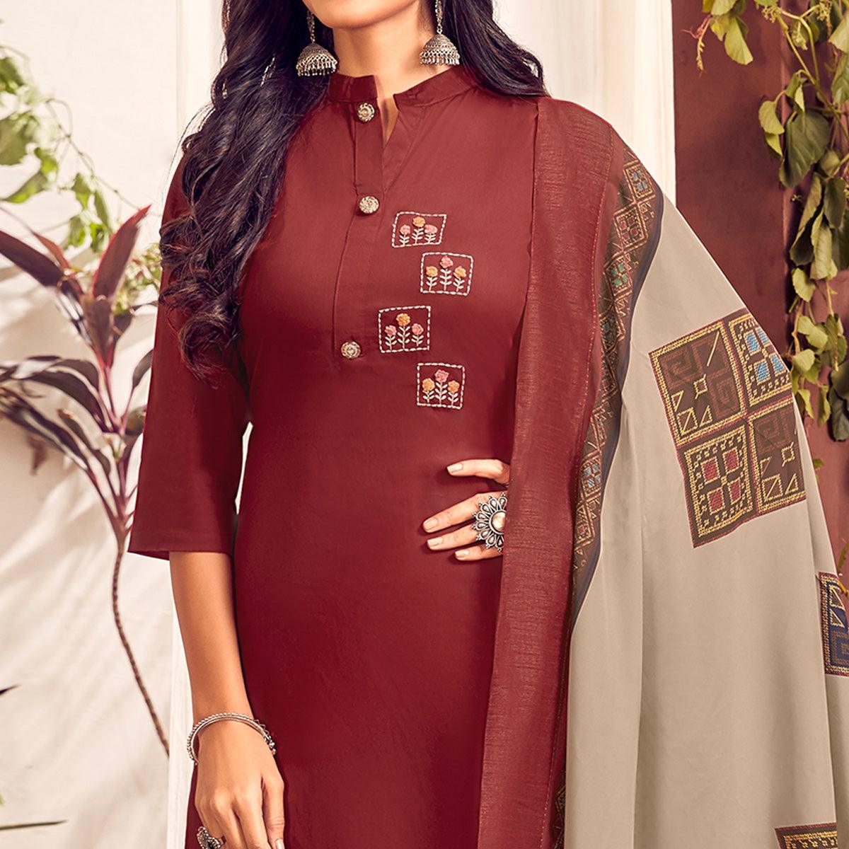 Peachmode Seller Maroon Party Wear Embroidered Cotton Kurti Pant Set With Dupatta - view 2