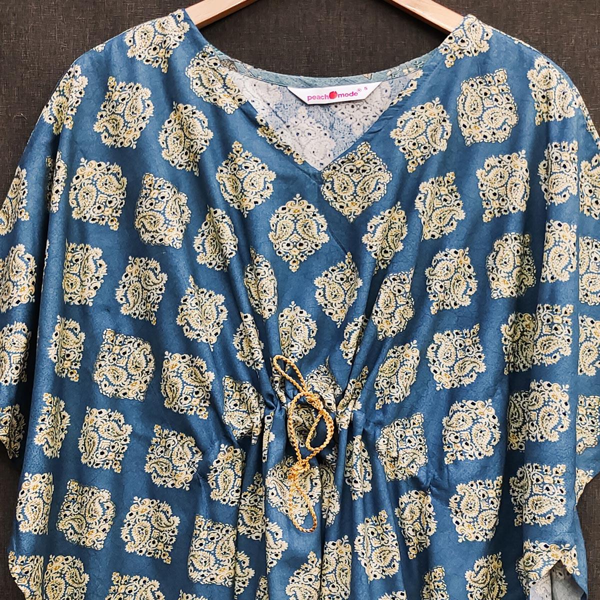 Peachmode Dark Blue Foil Printed Rayon Kaftan Top - view 2