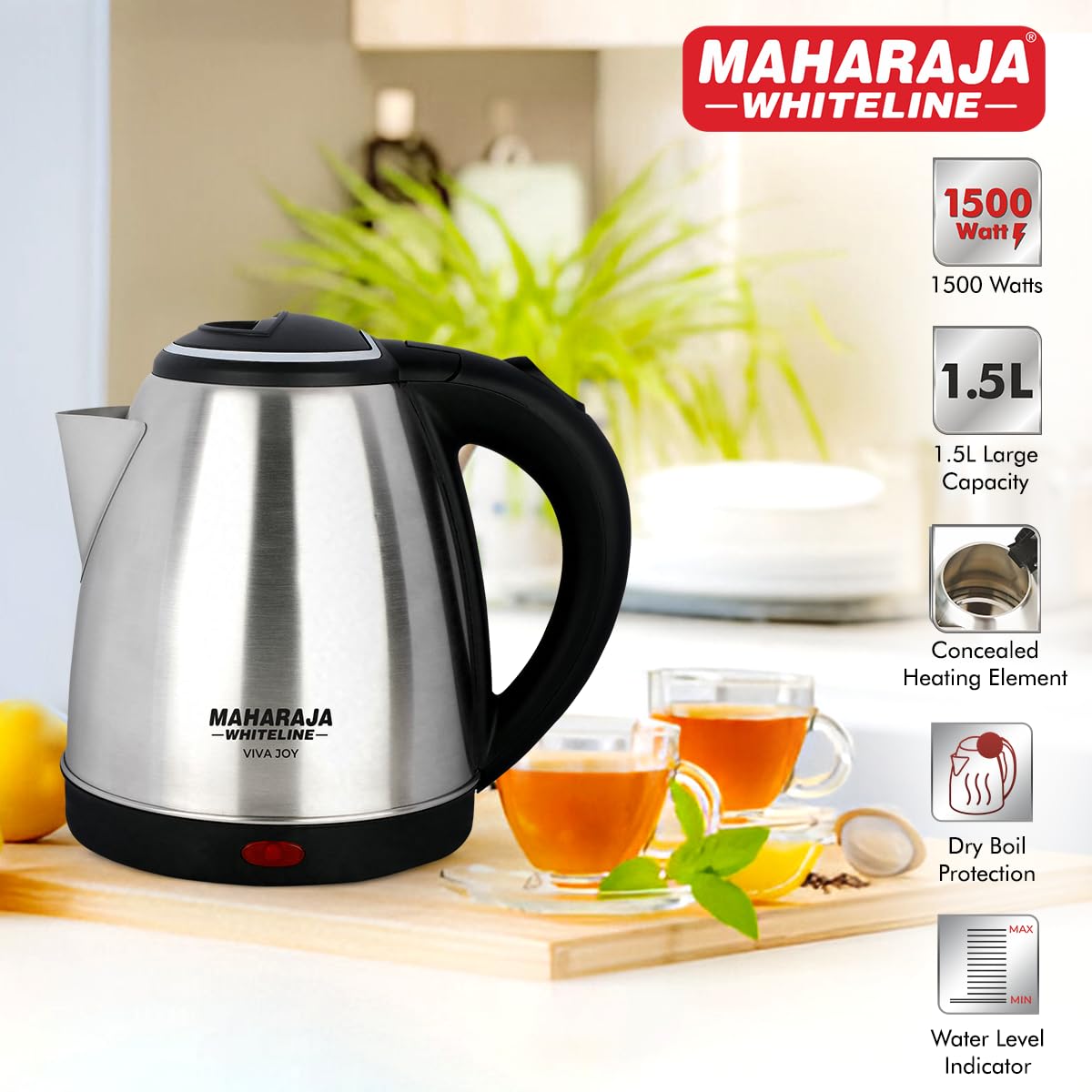 Maharaja Whiteline Viva Joy 1.5 Litre 1500 Watt Stainless Steel Electric Kettle | Silver & Black | 1 Pc - view 2