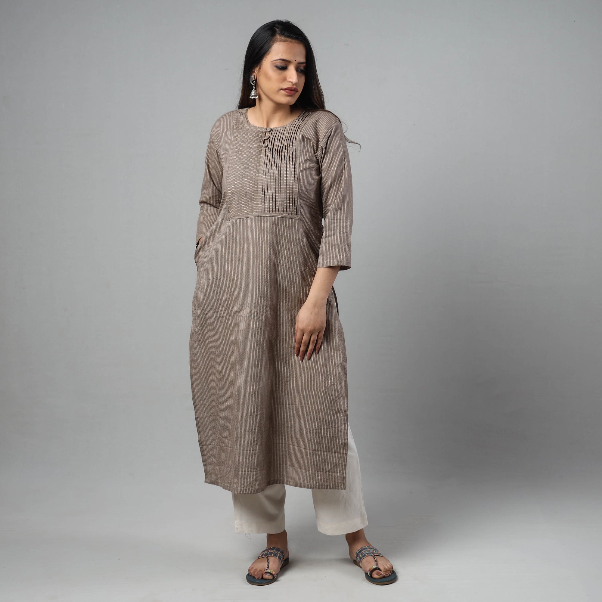 ITOKRI CASUALS Brown - Running Stitch Cotton Long Straight Kurta - view 2