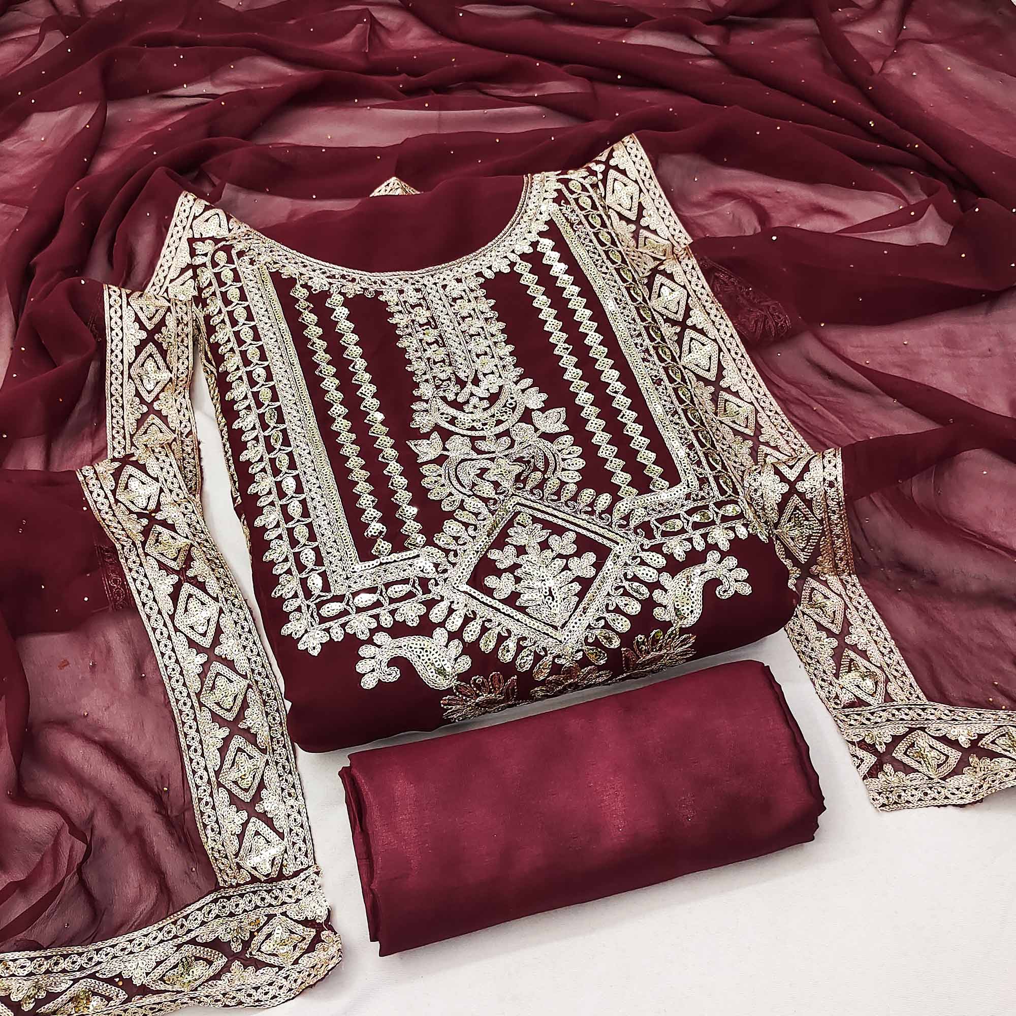 Peachmode Maroon Floral Sequins Embroidered Georgette Dress Material
