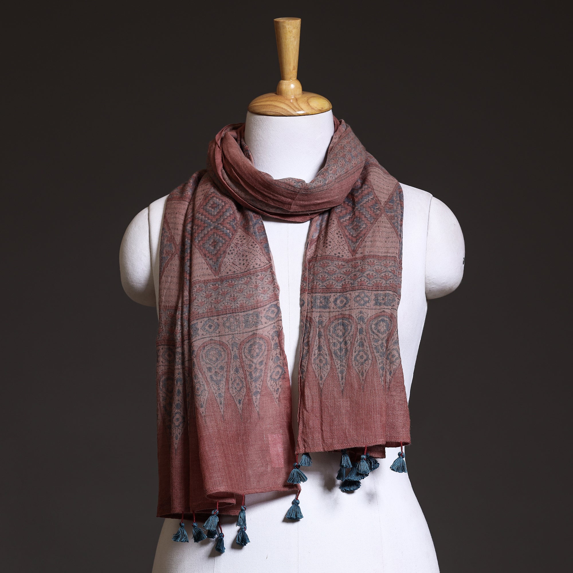 AJRAKH BY SUFIYAN ISMAIL KHATRI Brown - Block Print Woolen Ajrakh Stole