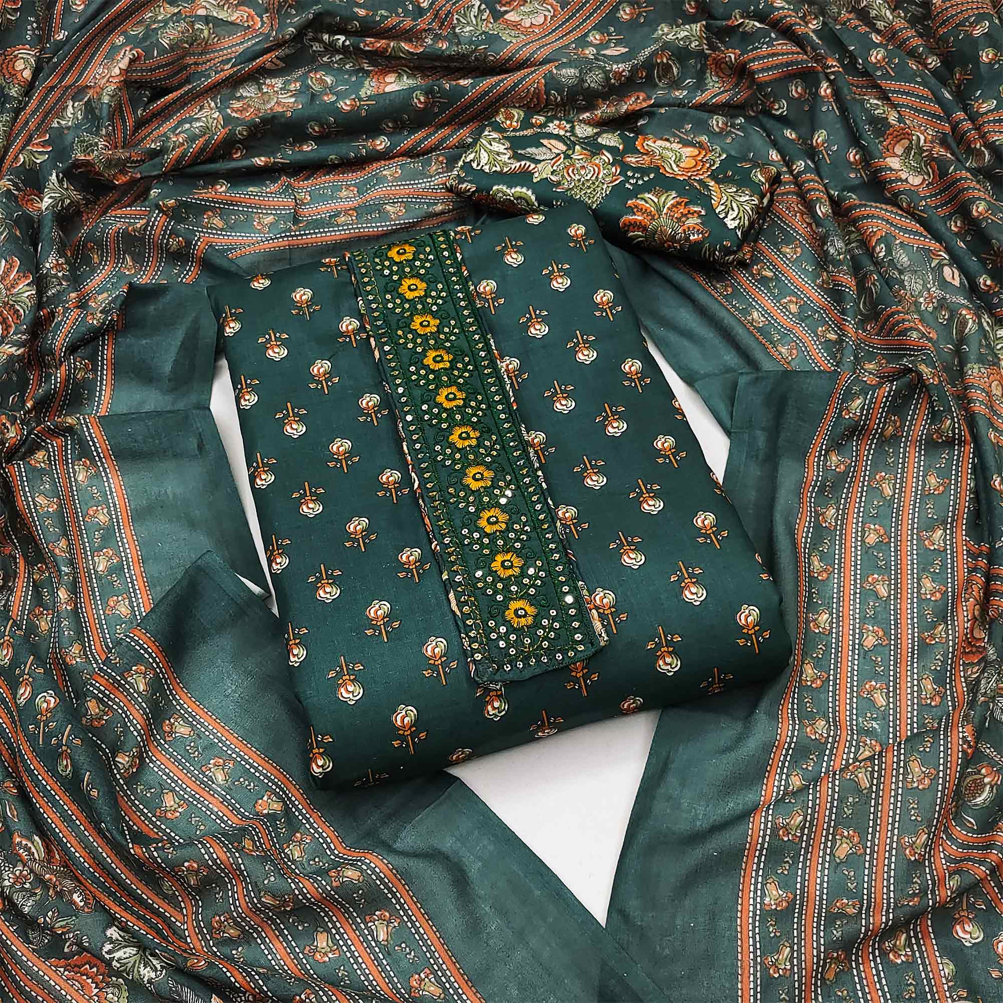 Peachmode Dark Green Floral Printed Pure Cotton Dress Material