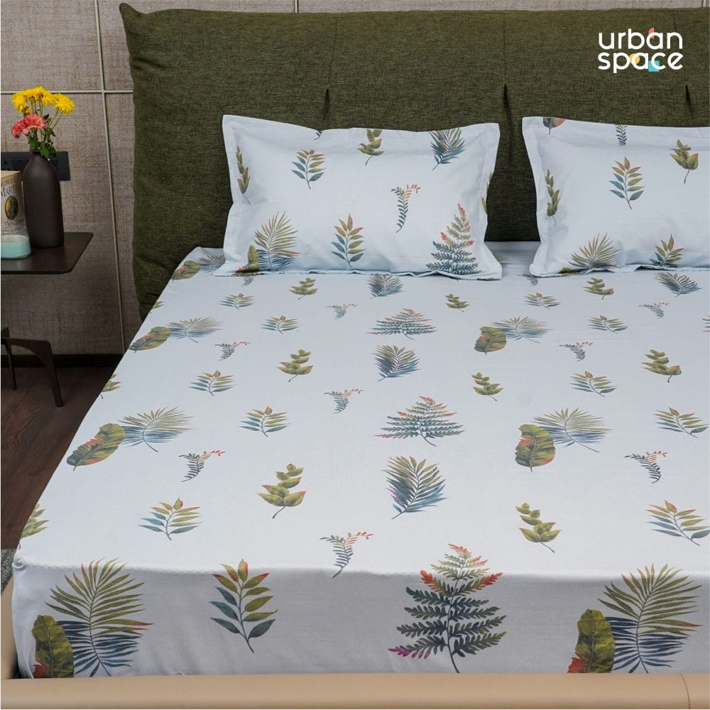 Urban Space -Home Furnishing Store Serene Collection - Breathable 200 TC 100% Pure Cotton Bedsheet with Pillow Cover, Fall Leaves - Blue - view 2