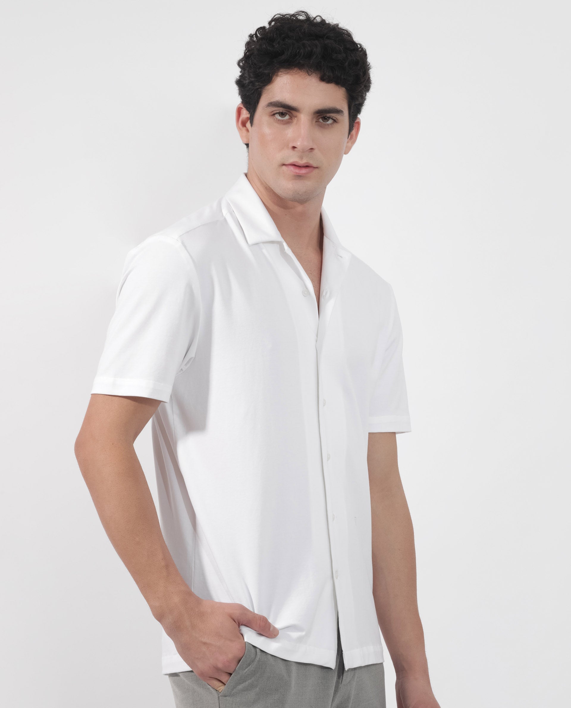 ARTICALE Rare Rabbit Men's Nick Off-White Cotton Lycra Fabric Cuban Collar Half Sleeves Solid Shirt - view 5