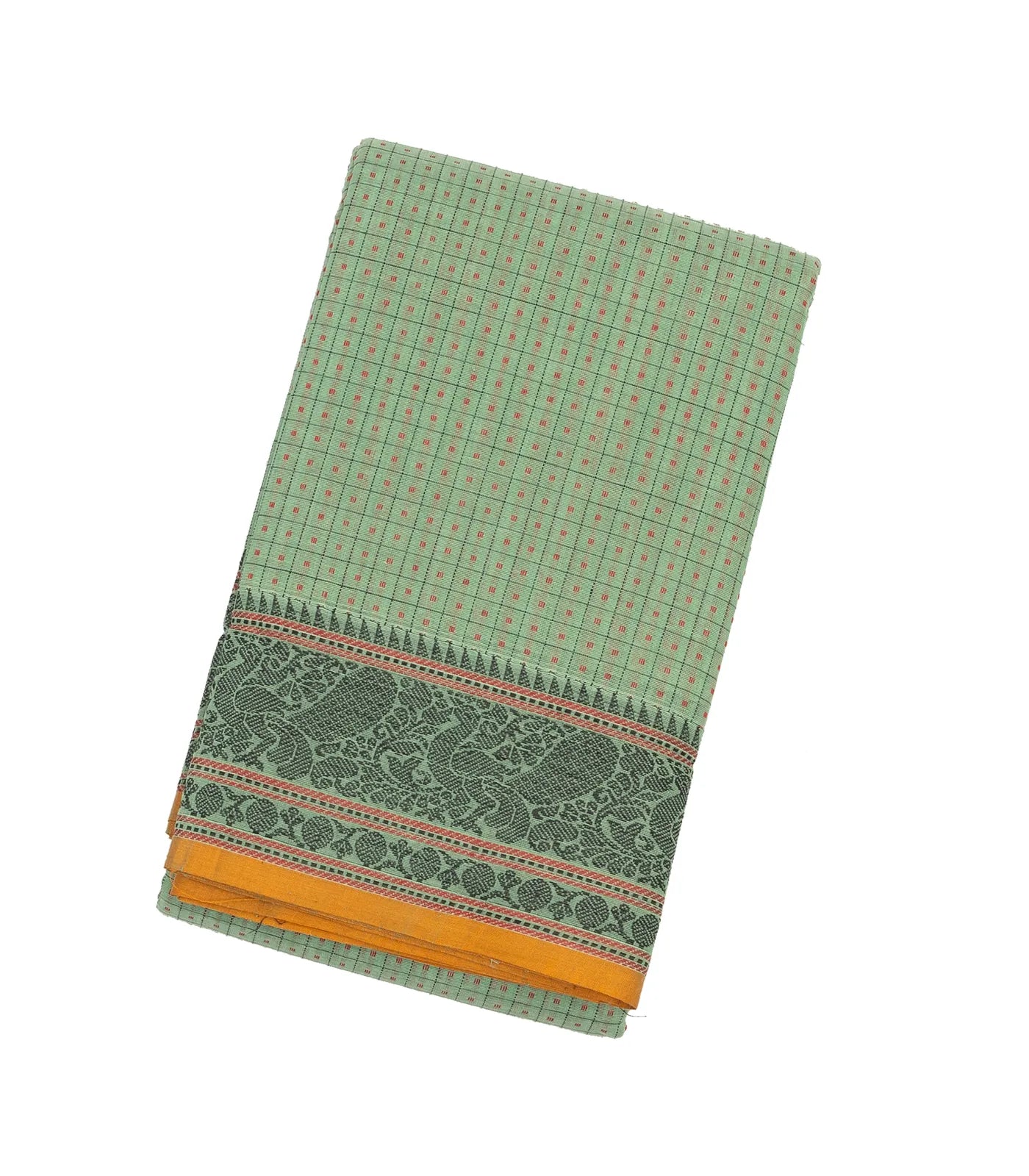 RmKV Shadow Green Handloom Kanchi Cotton Saree With Checks & Square Motifs.