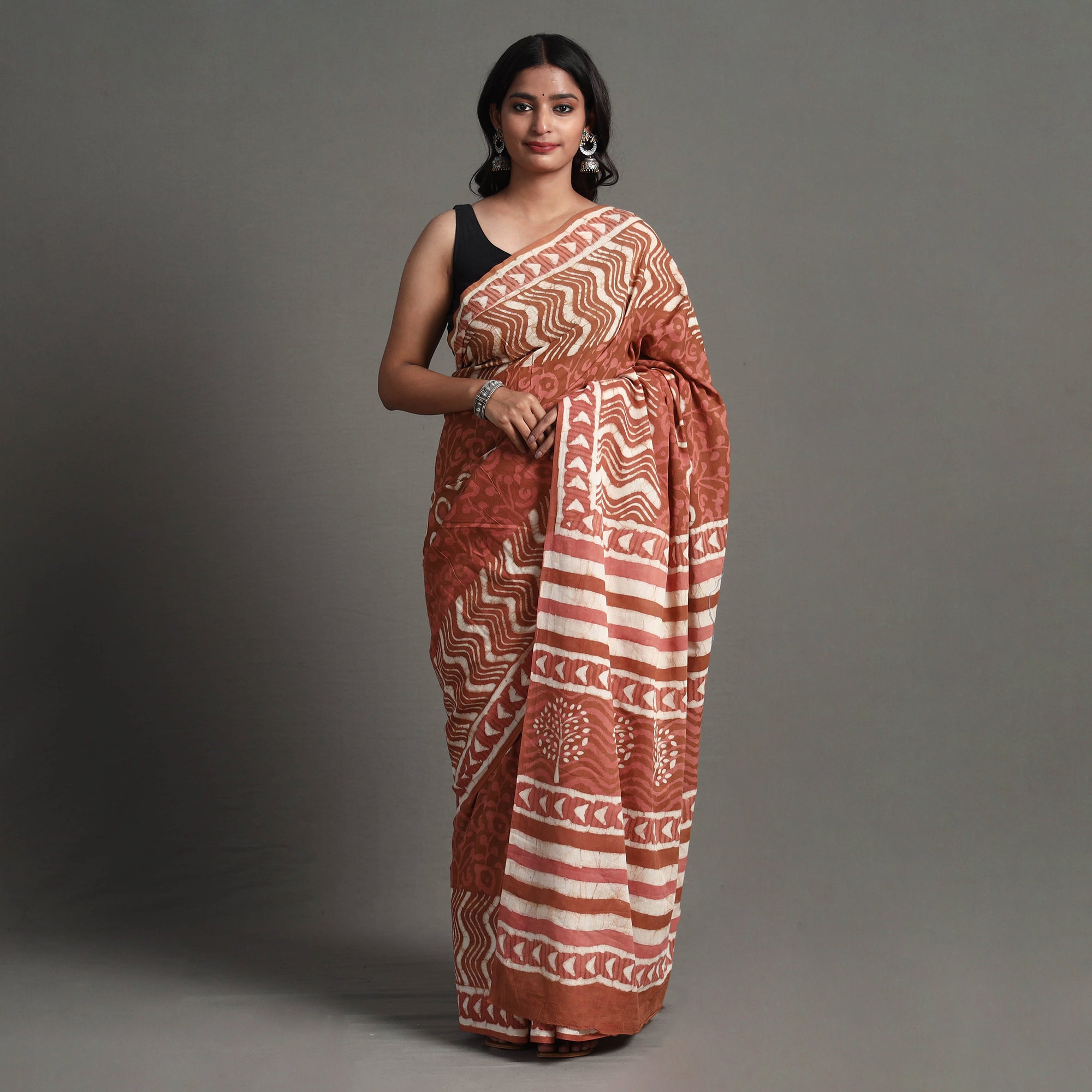 ARTISAN HAND BLOCK PRINTS Brown - Bagru Dabu Block Printed Mul Cotton Saree