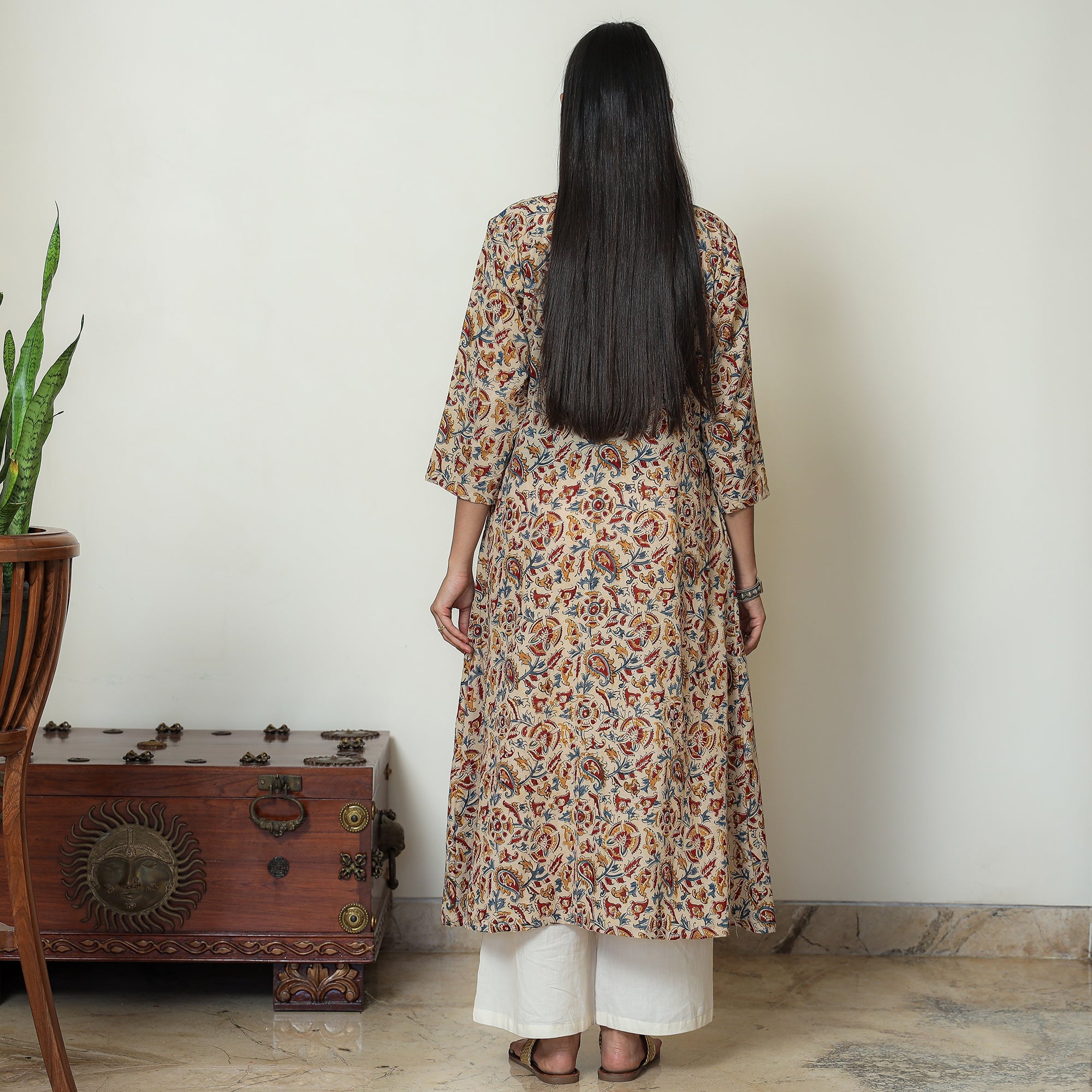 ITOKRI CASUALS Beige - Kalamkari Hand Block Printed Mul Cotton Pintuck A-Line Kurta 01 - view 4