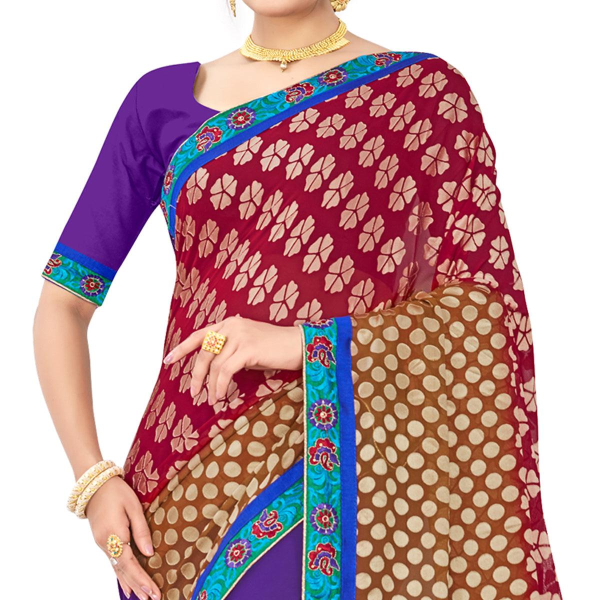 Peachmode Impressive Violet-Maroon Colored Party Wear Embroidered Georgette Half-Half Saree - view 2