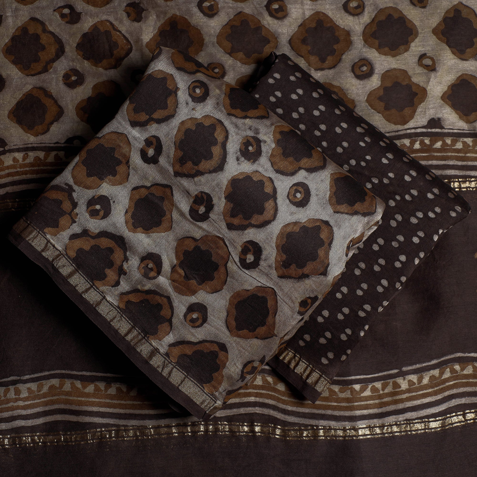HAVELI CHRONICLES Brown - 3pc Akola Block Printed Chanderi Silk Suit Material Set - view 2